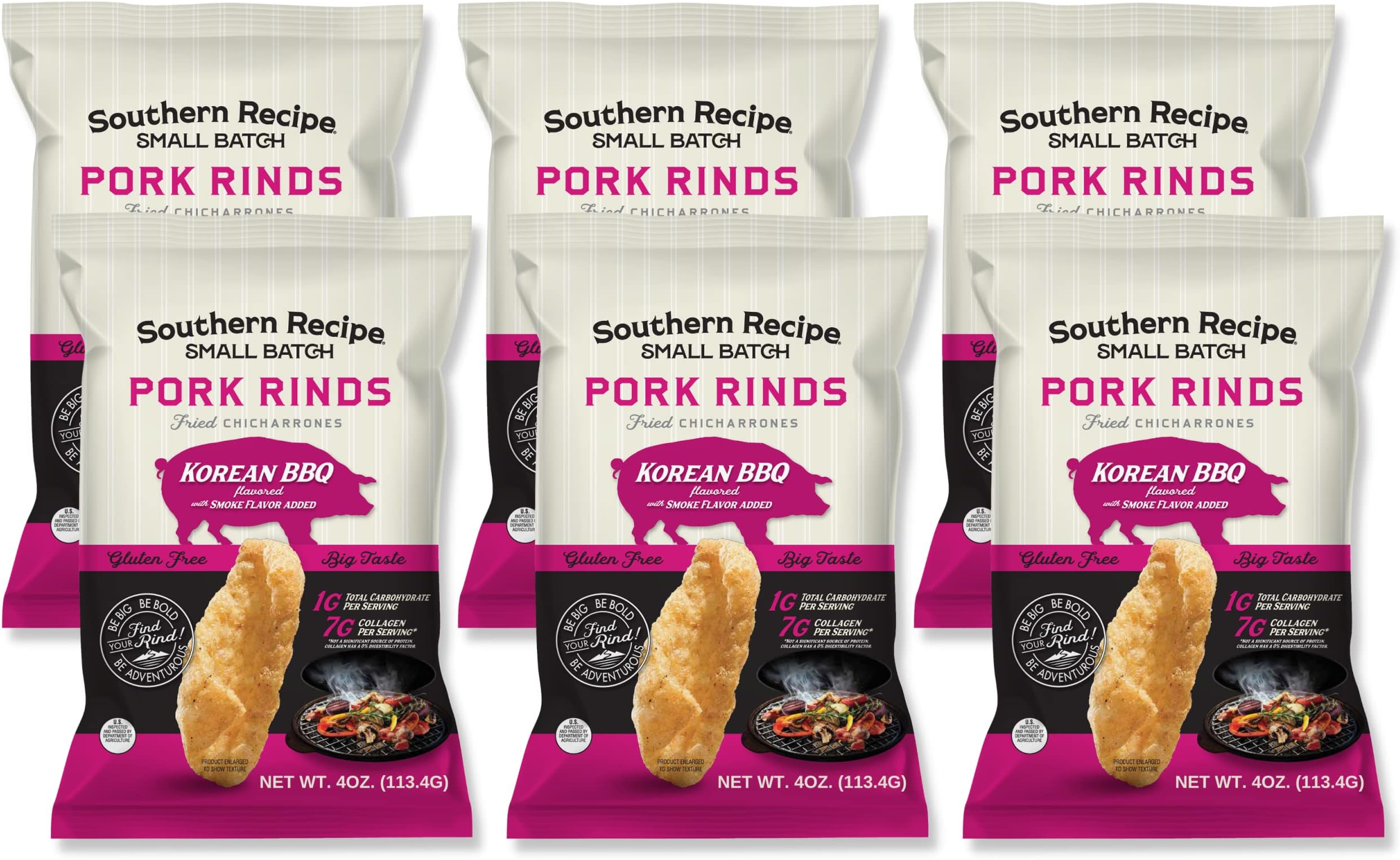 Southern Recipe Small Batch Pork Rinds | Korean Kimchi BBQ Chicharrones | Keto Friendly, Gluten Free, Low Carb Food | 7g of Collagen Per Serving | High Protein | 4 Oz Bag (Pack of 6)