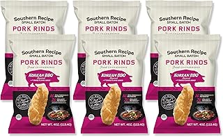 Southern Recipe Small Batch Pork Rinds | Korean Kimchi BBQ Chicharrones | Keto Friendly, Gluten Free, Low Carb Food | 7g of Collagen Per Serving | High Protein | 4 Oz Bag (Pack of 6)