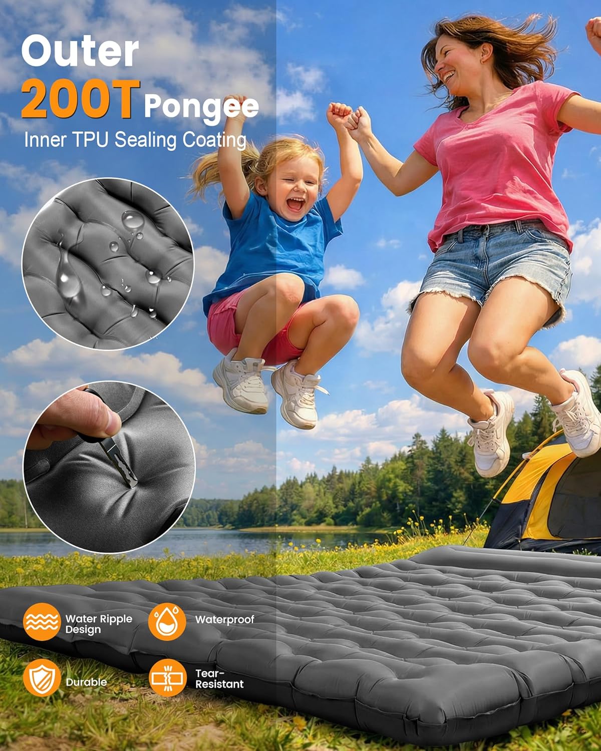 Double Sleeping Pad for Camping, 5.9 Inch Thick Self Inflating Sleeping Mat for Camping with Built in Pillow and Foot Pump, 2 Person Camping Mattress for Backpacking Hiking