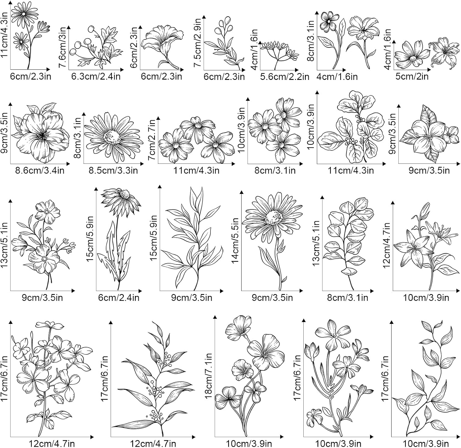 Black Flower Wall Decals Murals - 9 Sheets 67 Pcs Wildflower Botanical Plants Wall Stickers Simple Line Art Peel and Stick Vinyl Sticker for Living Room Bedroom Sofa TV Backdrop Decor