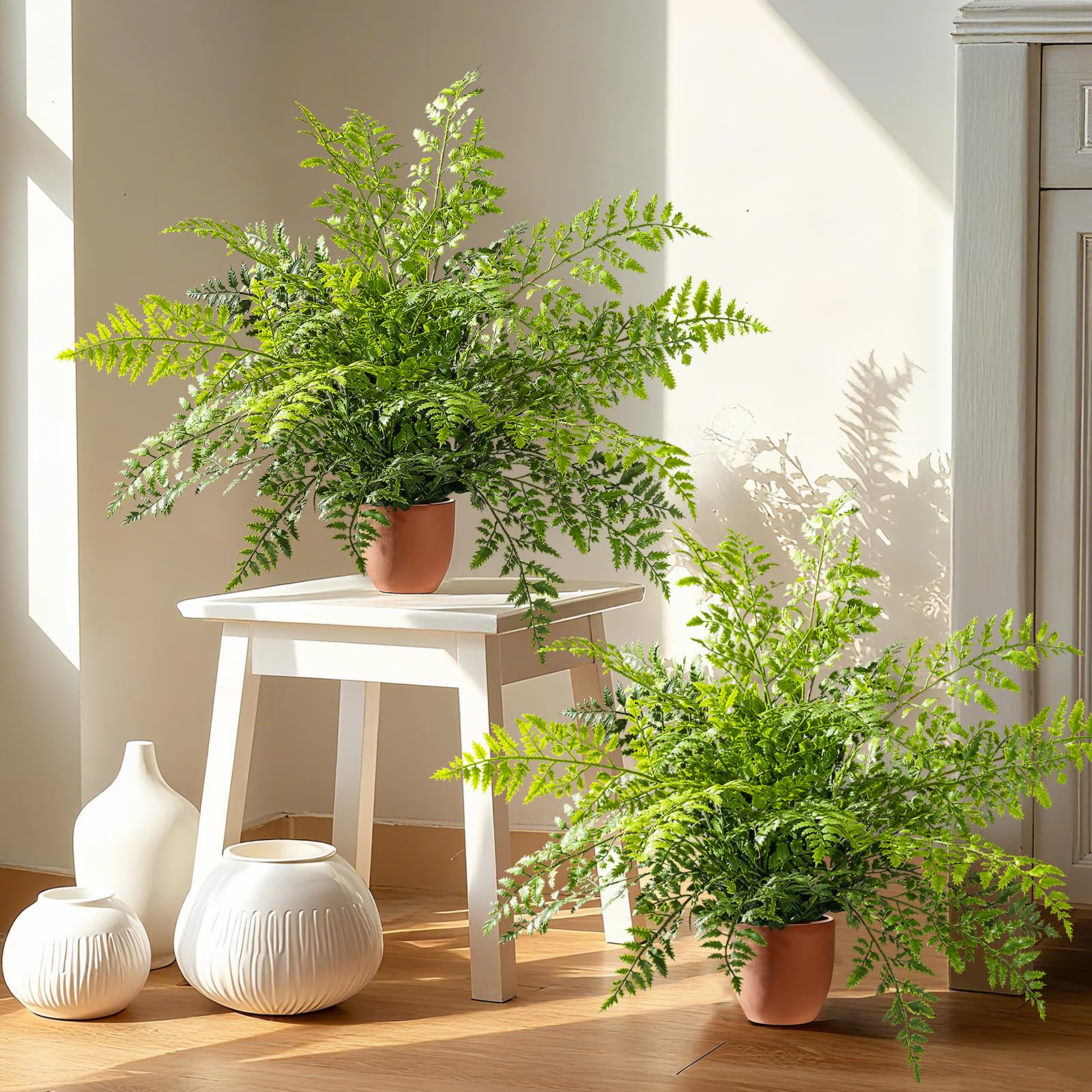 Photo 1 of 2 Pack Artificial Fern Plants in Pots Artificial Boston Ferns Potted Plants Faux Fern Bush Plant Shrubs Greenery for Outdoor Indoor Porch Patio Farmhouse Garden Living Room Office Table Decor (Type 2)
