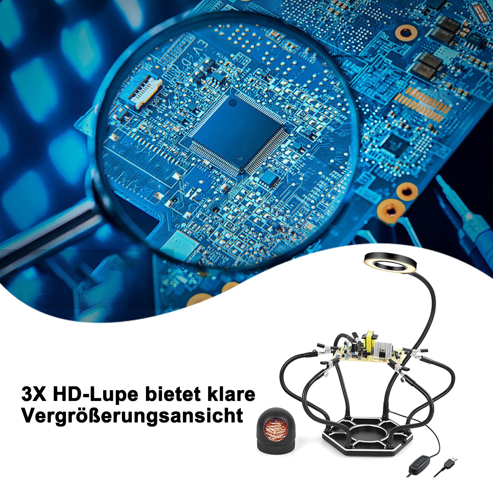 Löten Dritte Hand, Geevorks Löthilfe Werkzeug mit 5 flexiblen Armen und Krokodilklemmen, 3X LED Lupenlampe, Schweißspitzenreiniger für elektronische Reparaturen, Löten, Schmuckbasteln