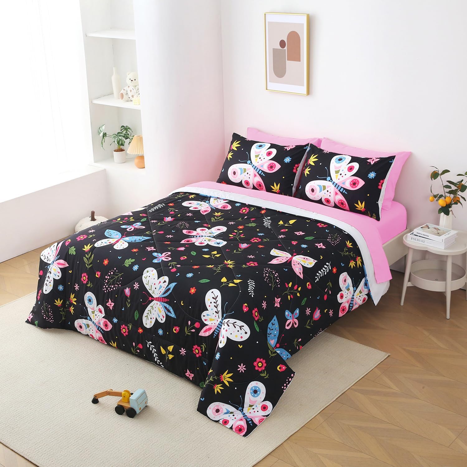 Girls Butterfly Comforter Set Queen Size Black 7 Piece Bed in A Bag Colorful Flowers Leaves Bedding Set for Kids Teens Adults Super Soft All Season