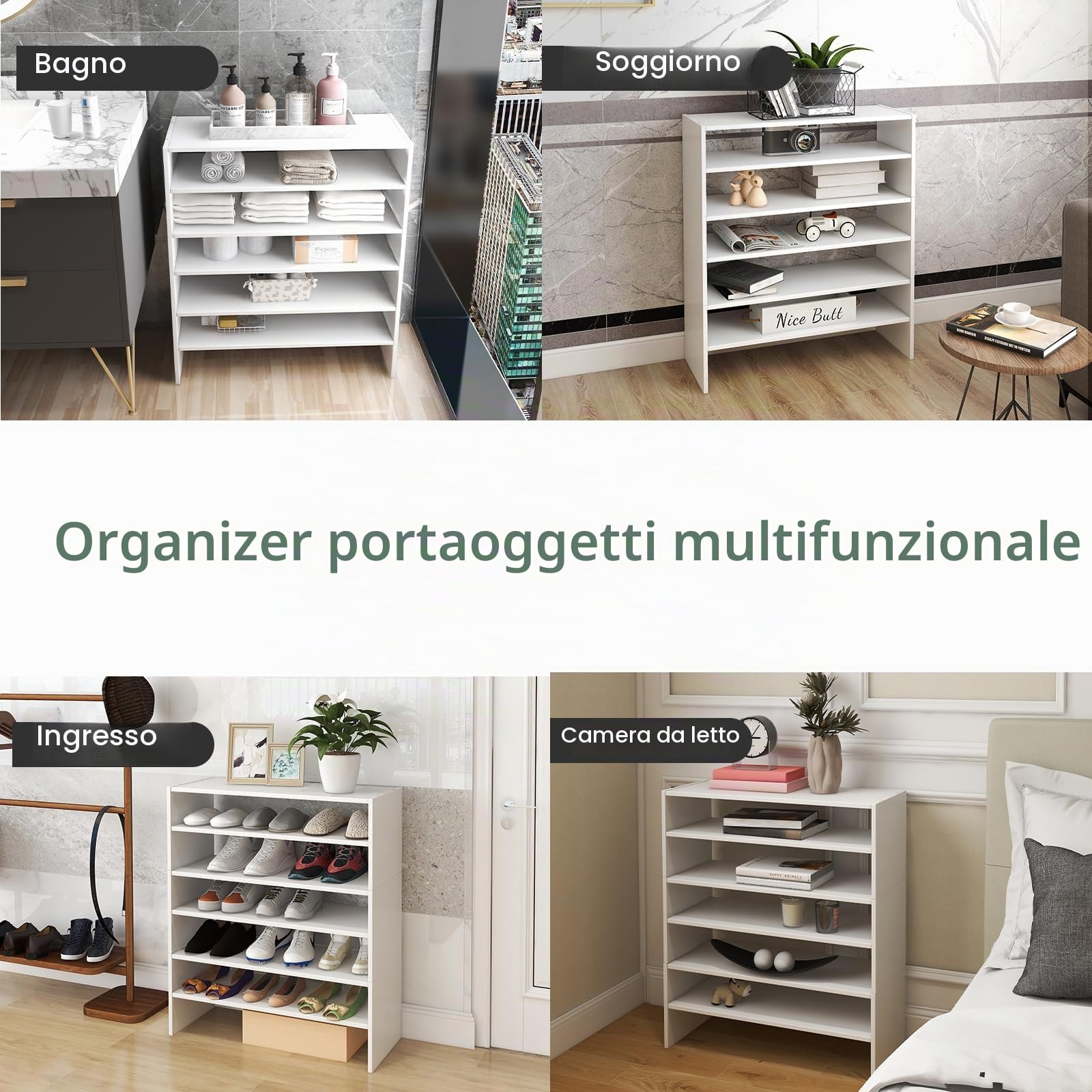 HOMASIS Scarpiera Componibile a 6 Ripiani, 3 Scaffali a 2 Ripiani, Portascarpe Verticale e Salvaspazio, Mobile Moderno per Scarpe da Balcone, Corridoio, Terrazzo, Bagno, 78 x 30 x 90 cm, Bianco