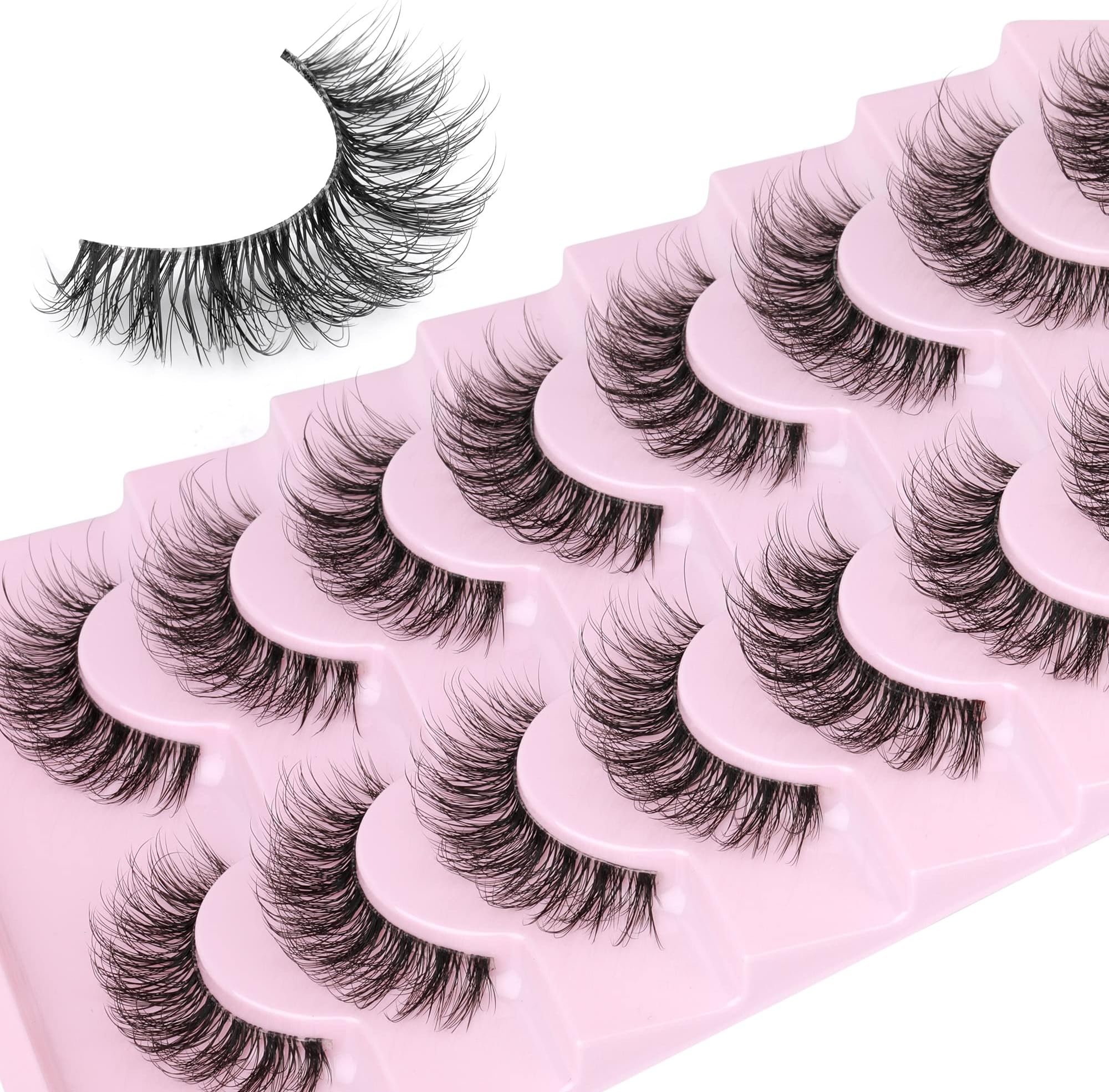 JIMIREFalse Eyelashes with Clear Band Natural Fake Lashes Demi-Wispies Fuffy Curly Faux Mink Soft Wispy Lashes Pack 9 Pairs