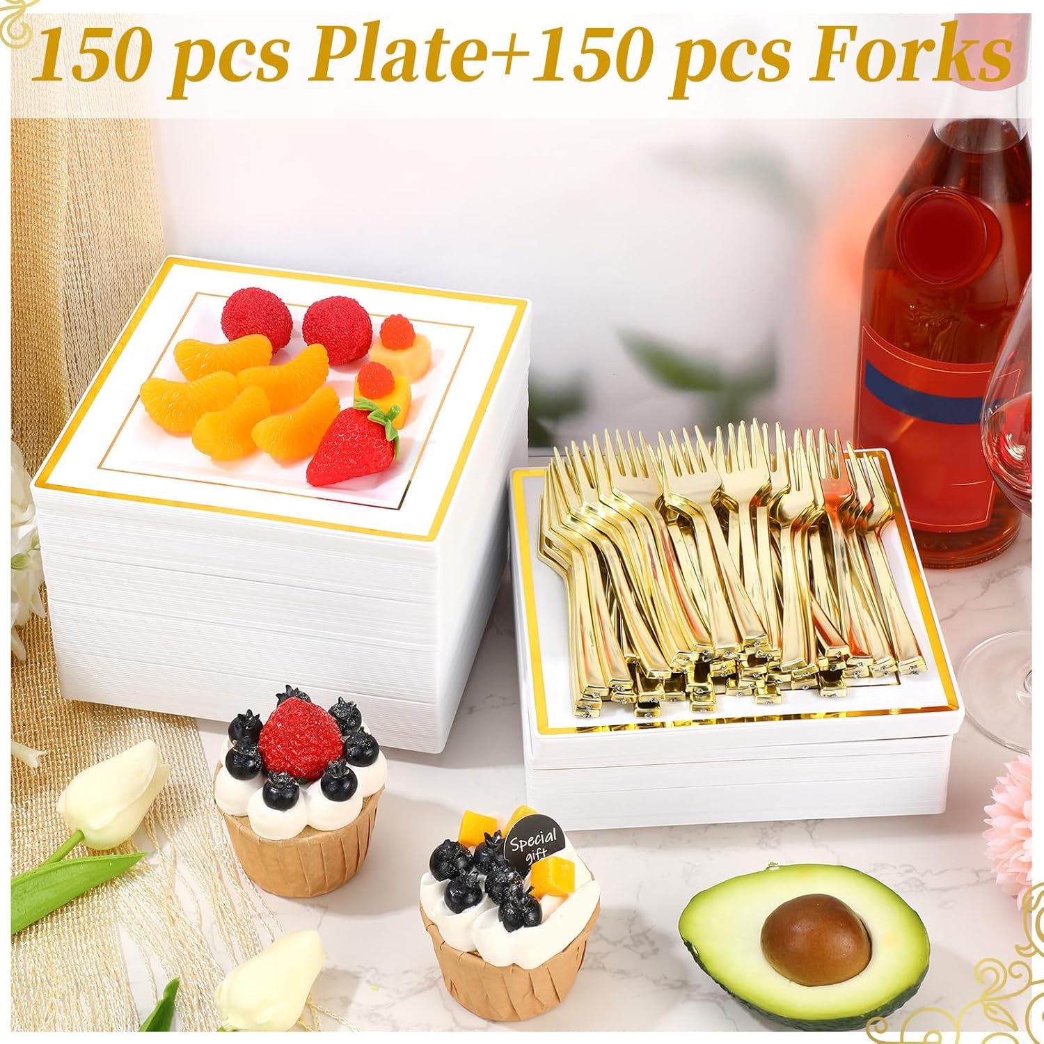 300 Pcs Square Plastic Plates with Forks Set Include 150 Disposable 6.5 Inch Dessert Plates Heavy Duty and 150 Plastic Appetizer Forks for 150 Guests Weddings Party Supplies(Gold) - Image 6
