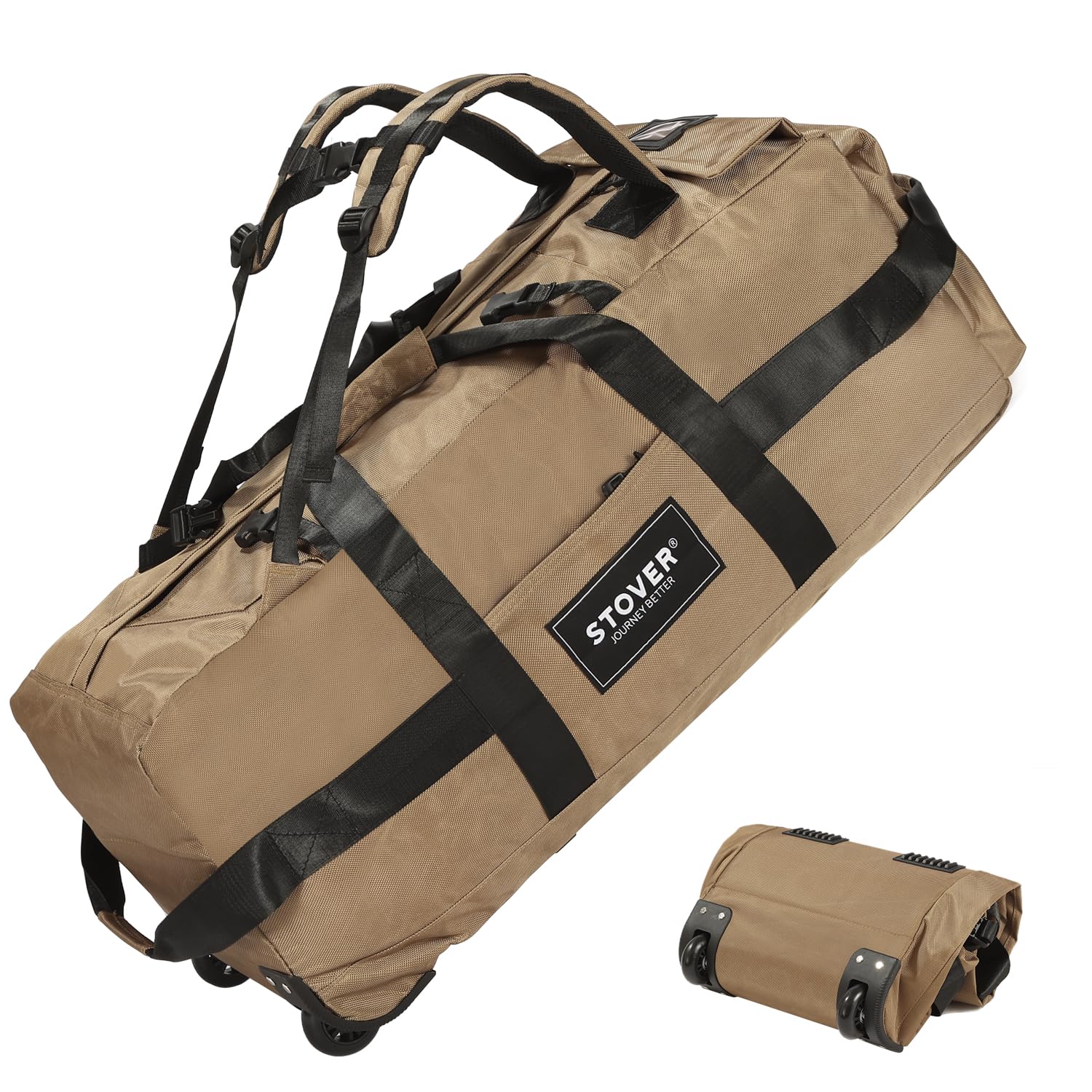 STOVER80L Rolling Duffel Bag with Wheels, 31" Extra Large Travel Duffel Bag, Heavy Duty, Foldable, Roll-Up Design with Shoulder Straps, Use as Luggage or Backpack for Men and, Brown, 80L