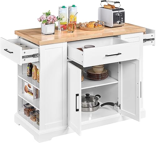 Topeakmart Carrito móvil de isla de cocina con ruedas armario de almacenamiento de cocina de madera con un cajón central grande y dos cajones