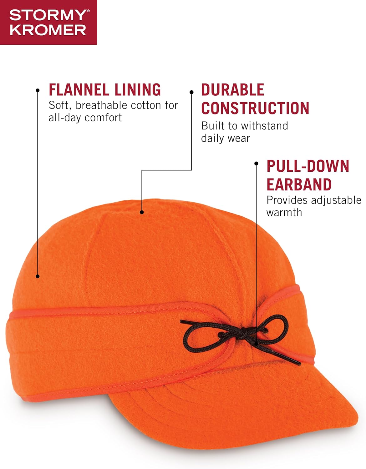 Stormy Kromer The Original Cap, Wool Blend Hat, Winter Warm Outdoor Cap for Men, Women, with Cotton Flannel Lining, Earflaps, Classic Cold Weather Gift, Blaze Orange, 7 - Image 5