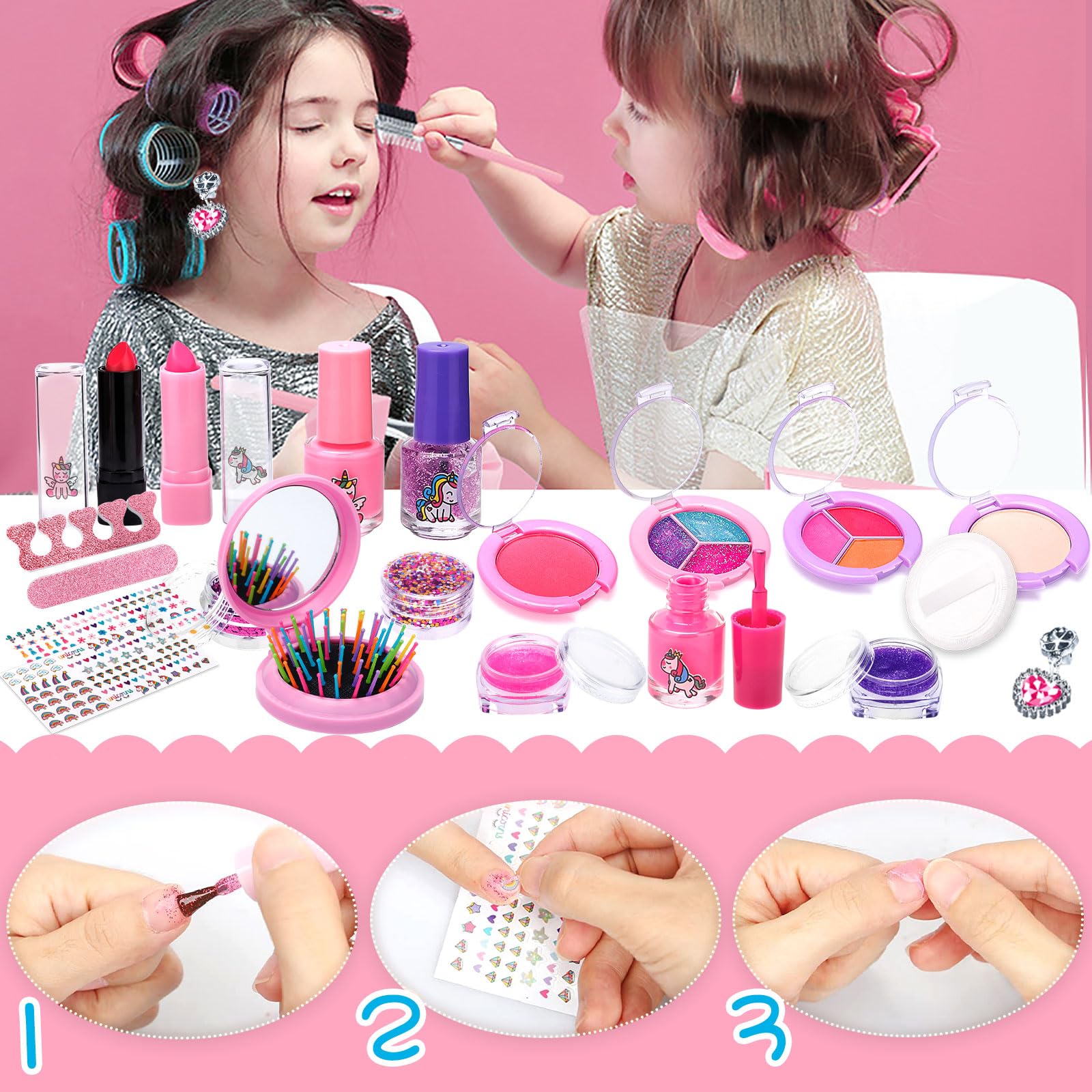 Kit de Maquillaje Niñas , 59 Piezas Lavable, Set Maletin, Juegos de Belleza Cosméticos, Tocador de Maquillaje Niña, Regalos No-Tóxicos para Princesas 5 6 7 8 9 10+ Años