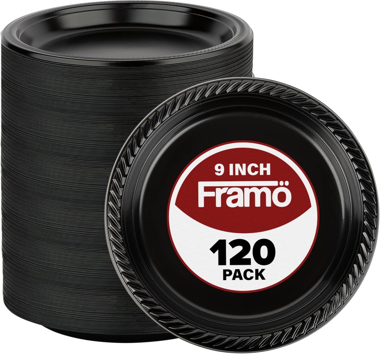 Framo Disposable Black Plastic Plates, Pack of 120-9-Inch Round Plastic Plates Special Events, Party, Dinner, Picnic, or Travel - Bulk Pack Party Supplies