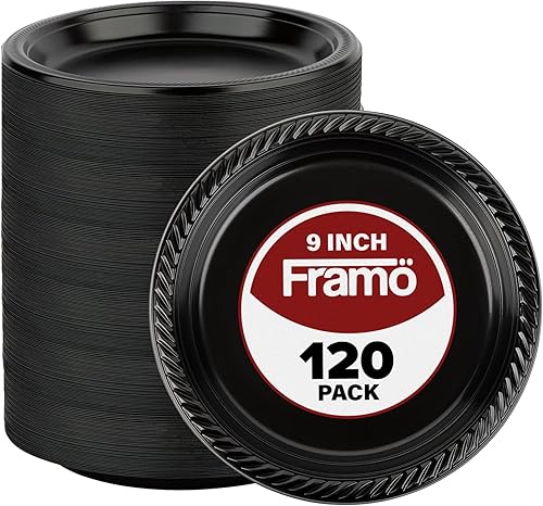 Miniatura 6 de FRAMO Platos desechables de plástico negro, paquete de 120 platos redondos de plástico de 9 pulgadas para eventos especiales, fiestas, cenas, picnic