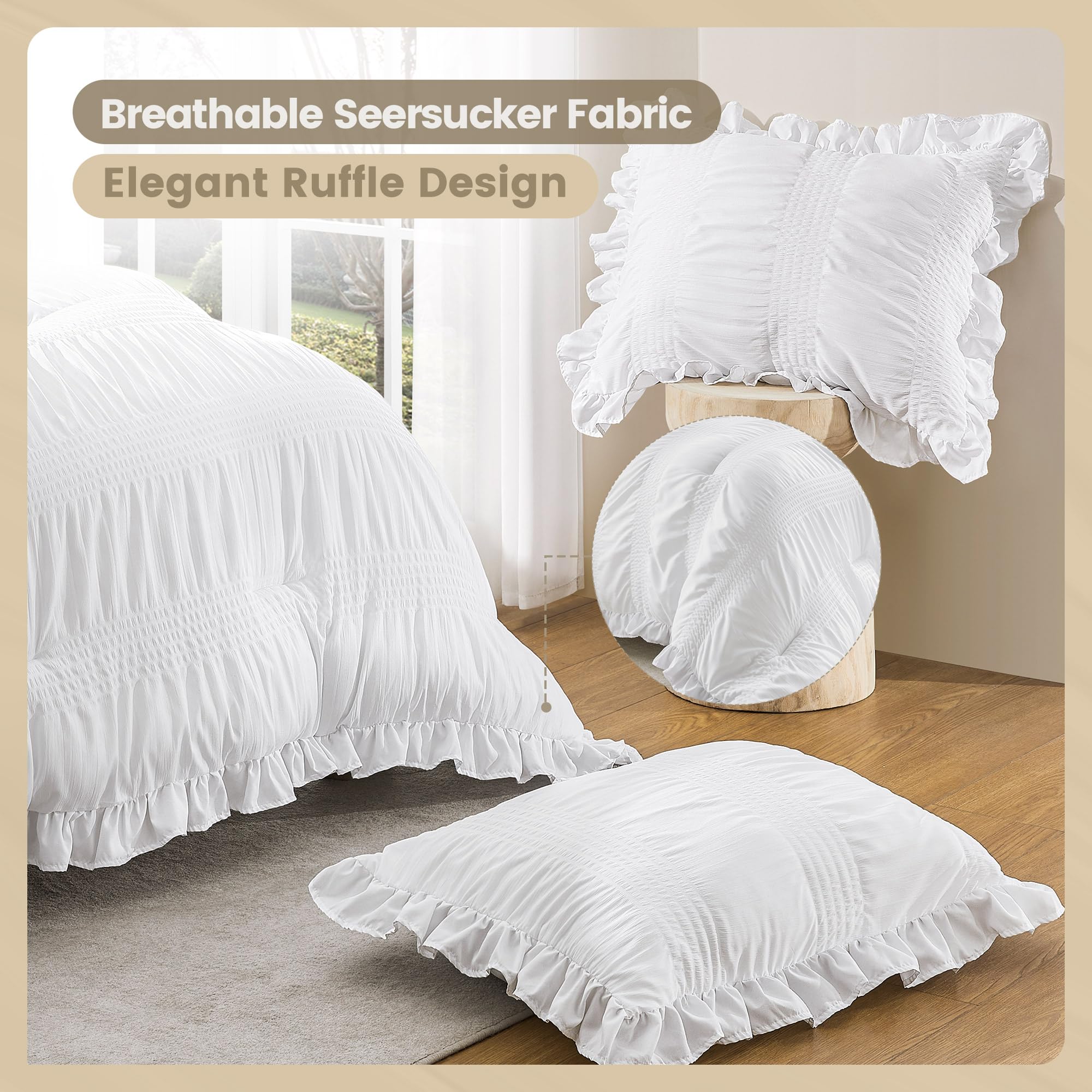 QUIETSEA King Schmusetuch Set Seersucker 7-teilig weiß Rüschenbett in Einer Tasche | Luxuriöses Bettwäsche-Set für King-Size-Betten mit Bettdecke, Kissenbezügen, Bettlaken, Spannbetttuch und Kissenbezügen