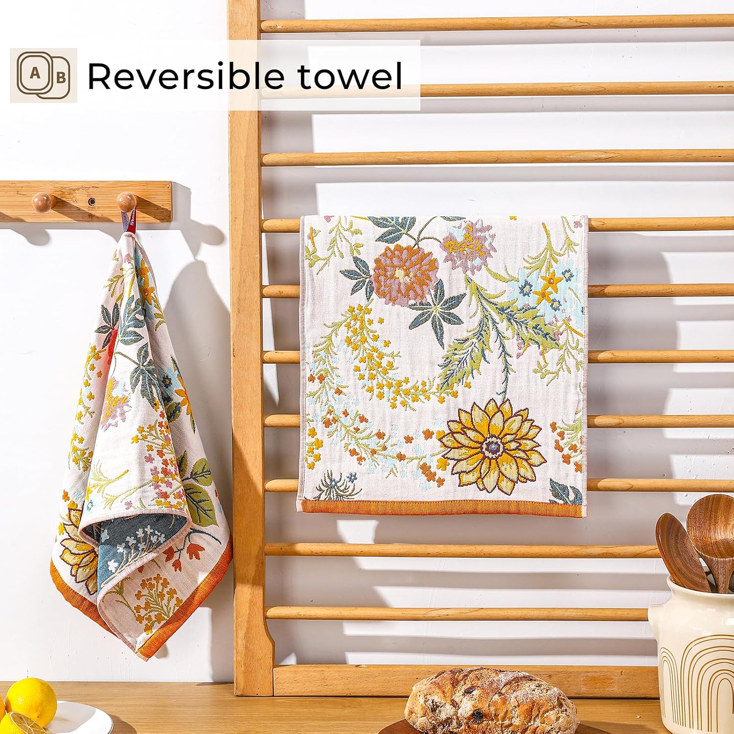 Floral Kitchen Tea Towels, 100% Cotton Jacquard Hand Towels 2 Pack