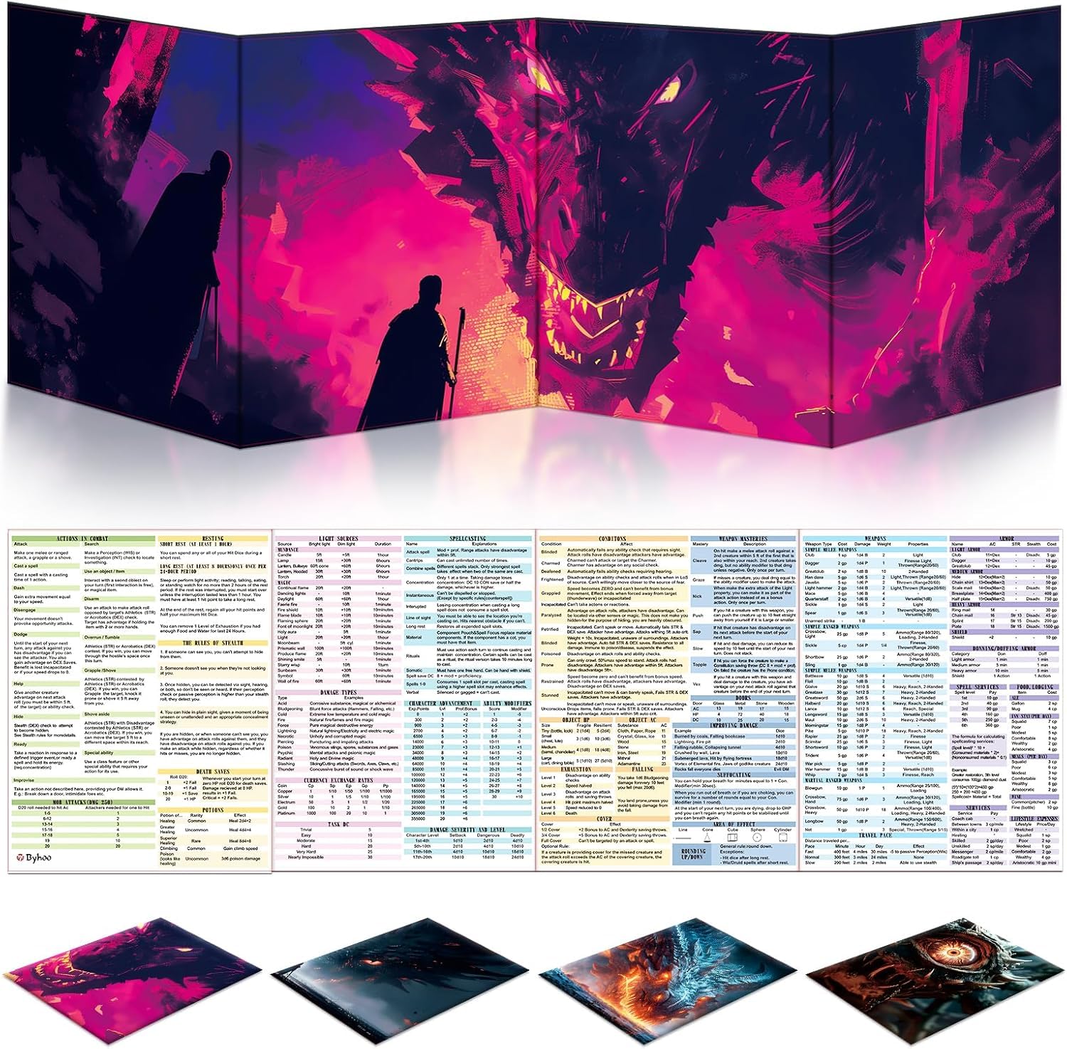 Byhoo DM Lot de 4 paravents pour mondes à thème D&D 5E 4, surface imperméable, pliable en trois parties (A4), compatible avec le manuel de Player's