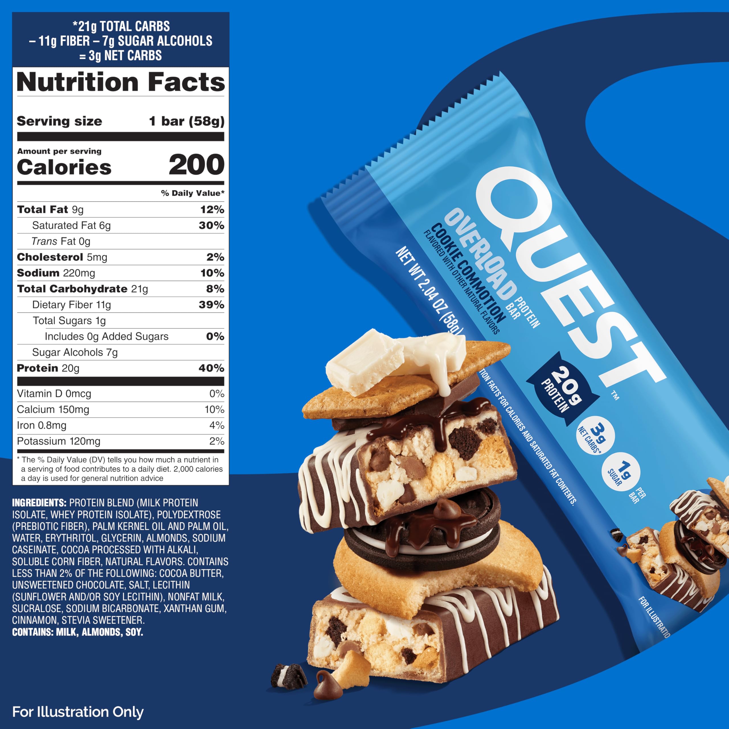 Quest Nutrition Overload Protein Bars, Cookie Commotion, 20g Protein, 1g Sugar, 3g Net Carbs, Gluten Free, 12 Count — Amazon image 8