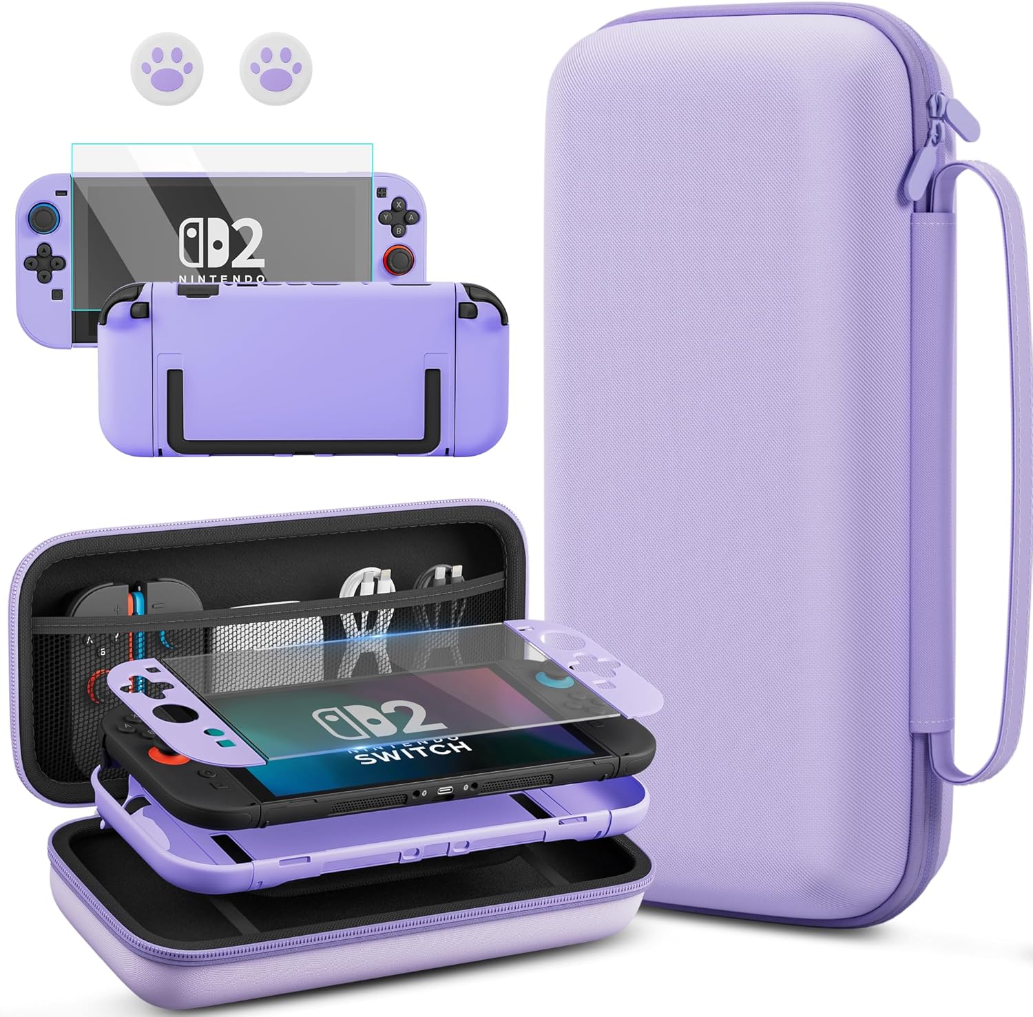 PAWDIARY Purple Switch 2 Carrying Travel Accessories Bag, with Hardshell PC Protective Case Skin for Nintendo Switch 2 Console & Left/Right Controller, HD Screen Protector and 2 Thumb Caps