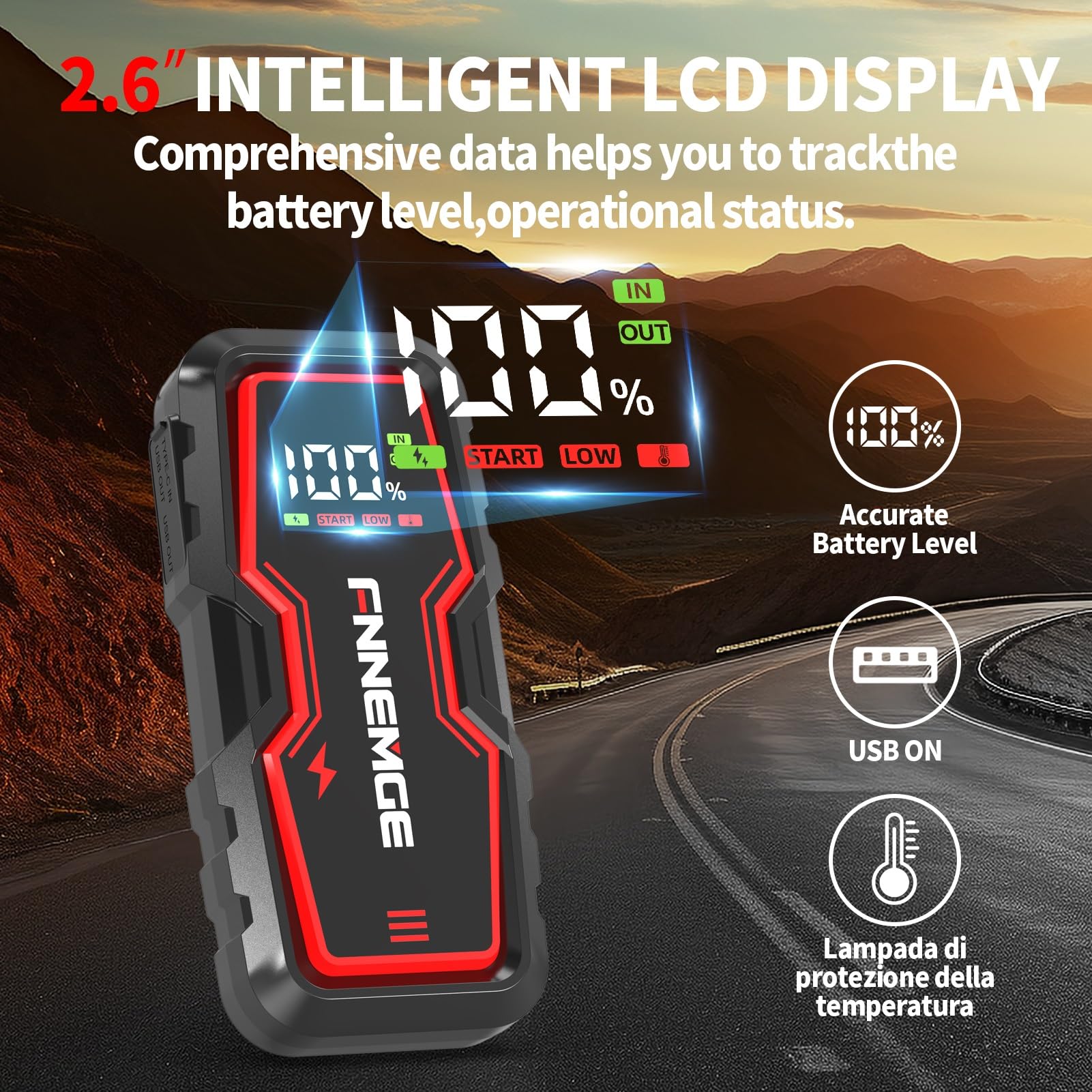 FNNEMGE Auto Starthilfe Powerbank, 6000A 22800mAh Spitzenstrom, geeignet für 12V Auto-Batterien (Alle Benzin und Bis Zu 8,0L Diesel), mit USB-Ladeausgang, LED-Licht und HD-Großbildschirm
