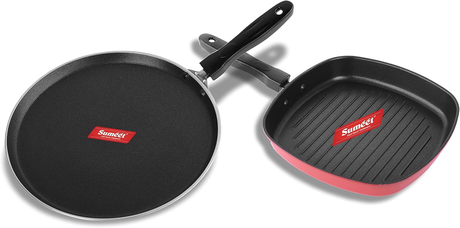 Sumeet 2.6mm Thick Non-Stick Berry Cookware set (Dosa Tawa – 26.5cm Dia + Grill Pan – 1.1Ltr Capacity – 22cm Dia)