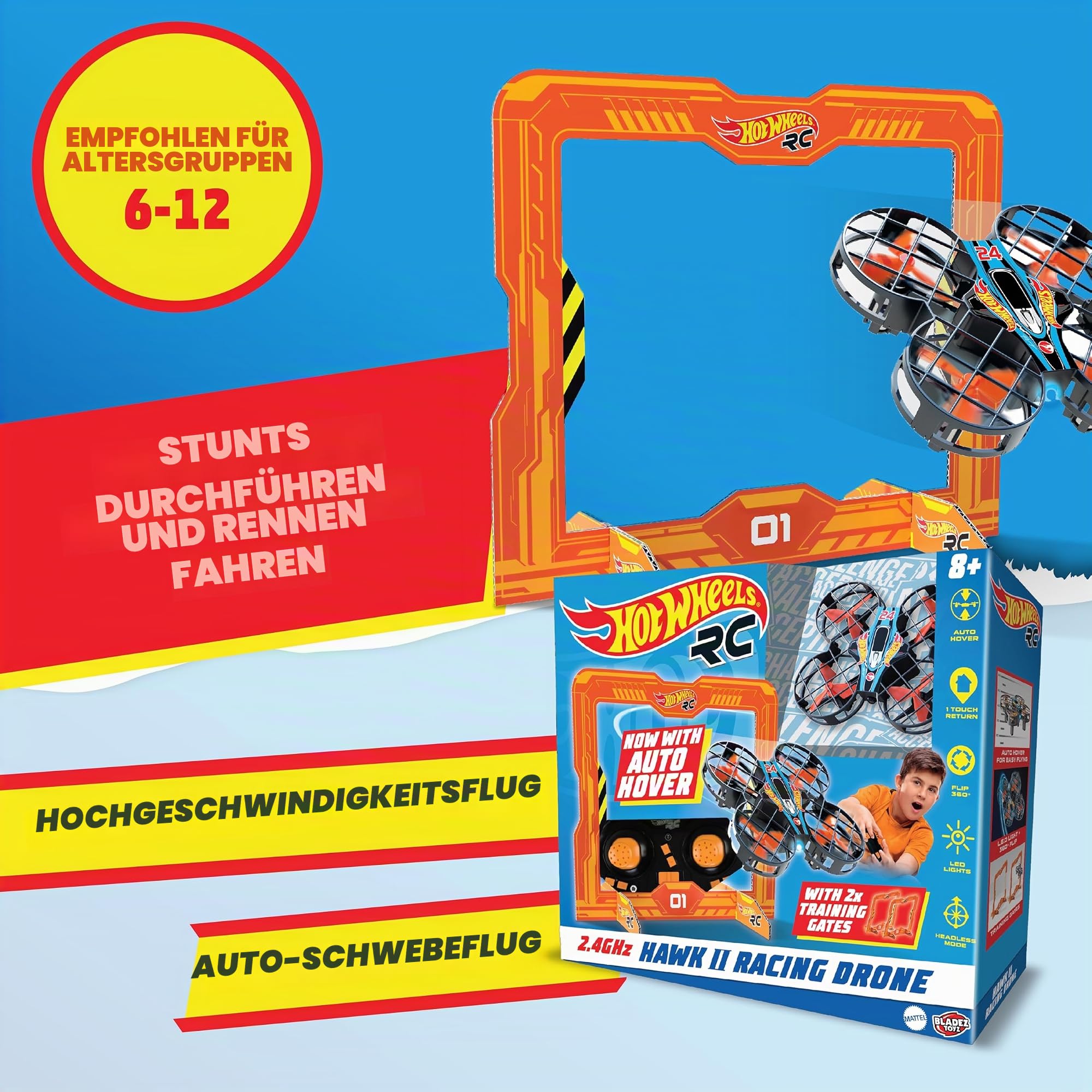 BLADEZ Hot Wheels Hawk 24 Racing Quad Age 8+ Remote Control Drone Flying Toy Perform Stunts and Race RC 2.4GHz with Lights Crash Resistant Licensed Toy Toyz