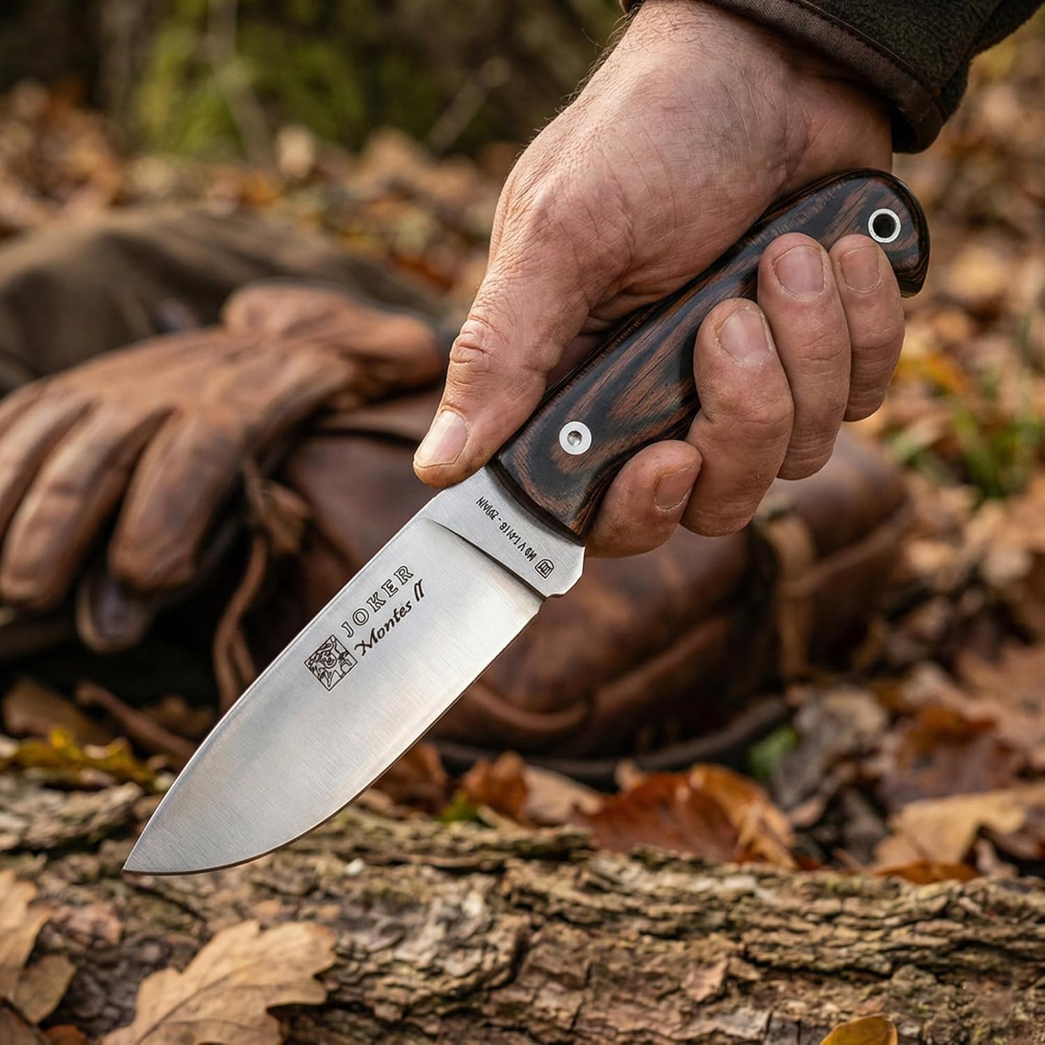 Joker "Montés II CR58 Hunting Knife with Stamina Wood Handle, 4.33 inches Blade, with Brown Leather Sheath, Tool for Fishing, Hunting, Camping and Hiking