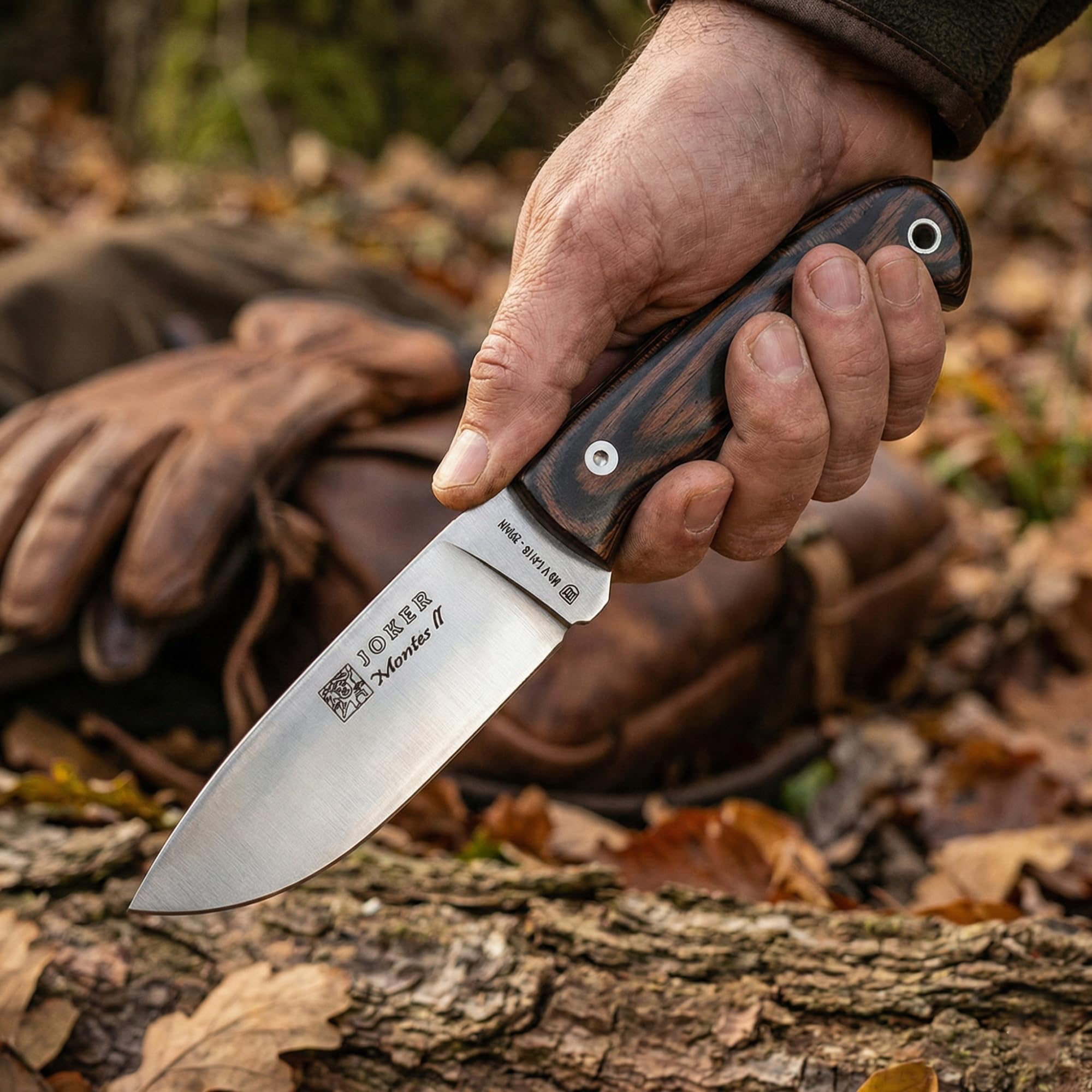 Joker Cuchillo de Caza Montés II CR58 con Mango Stamina, Hoja de 11 cm, con Funda de Cuero Color marrón, Herramienta de Pesca, Caza, Camping y Senderismo