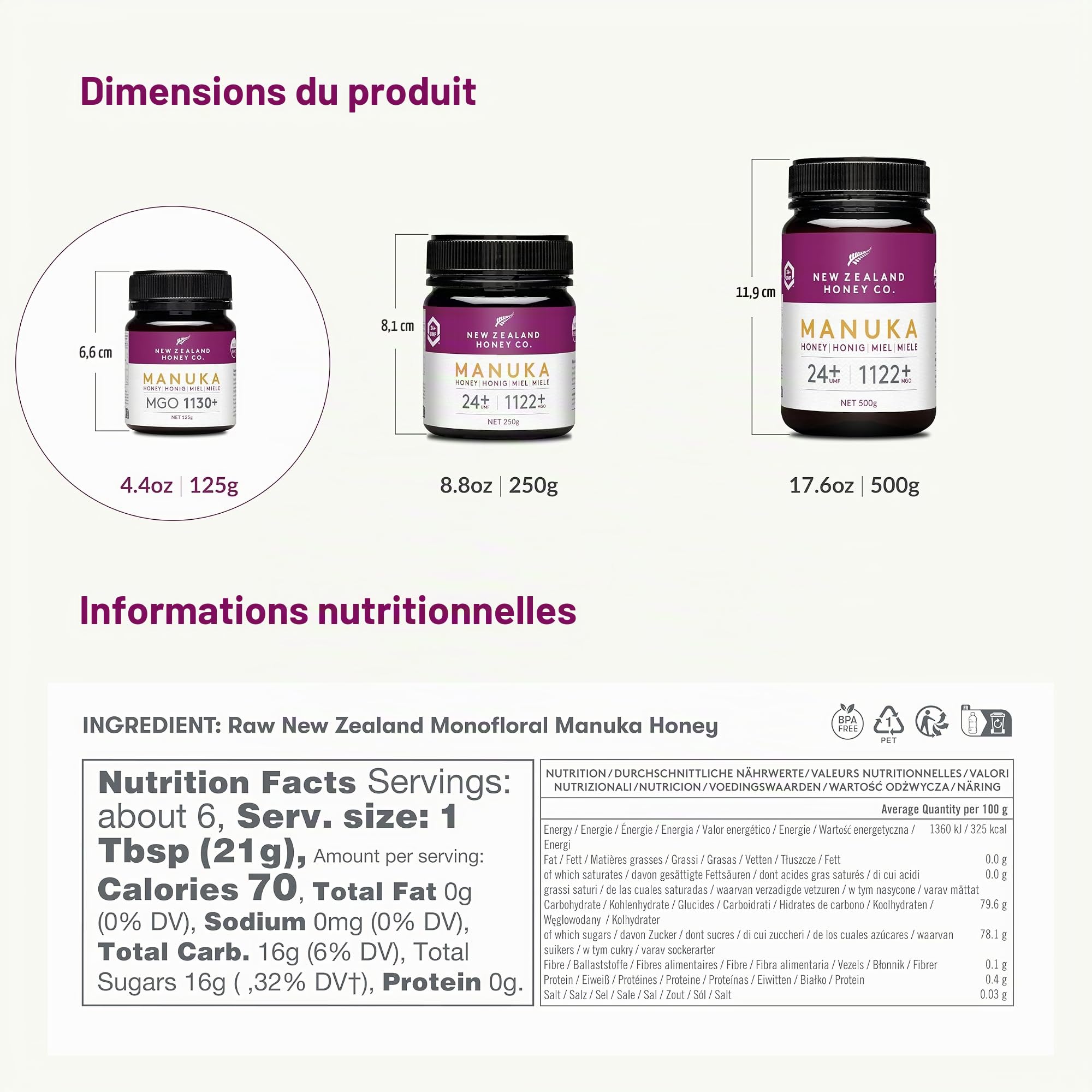 Miel de Manuka MGO 1130+ de New Zealand Honey Co. | Actif et brut | Fabriqué en Nouvelle-Zélande | 125g