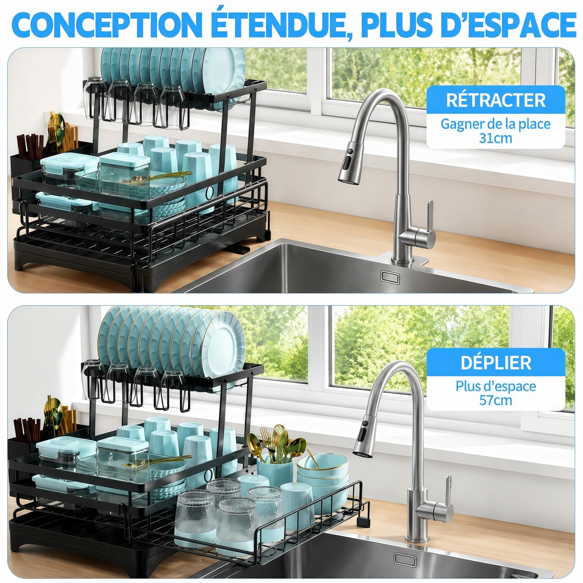 Egouttoir Vaisselle 2 Niveaux, Extensible, Grande Capacité, Noir