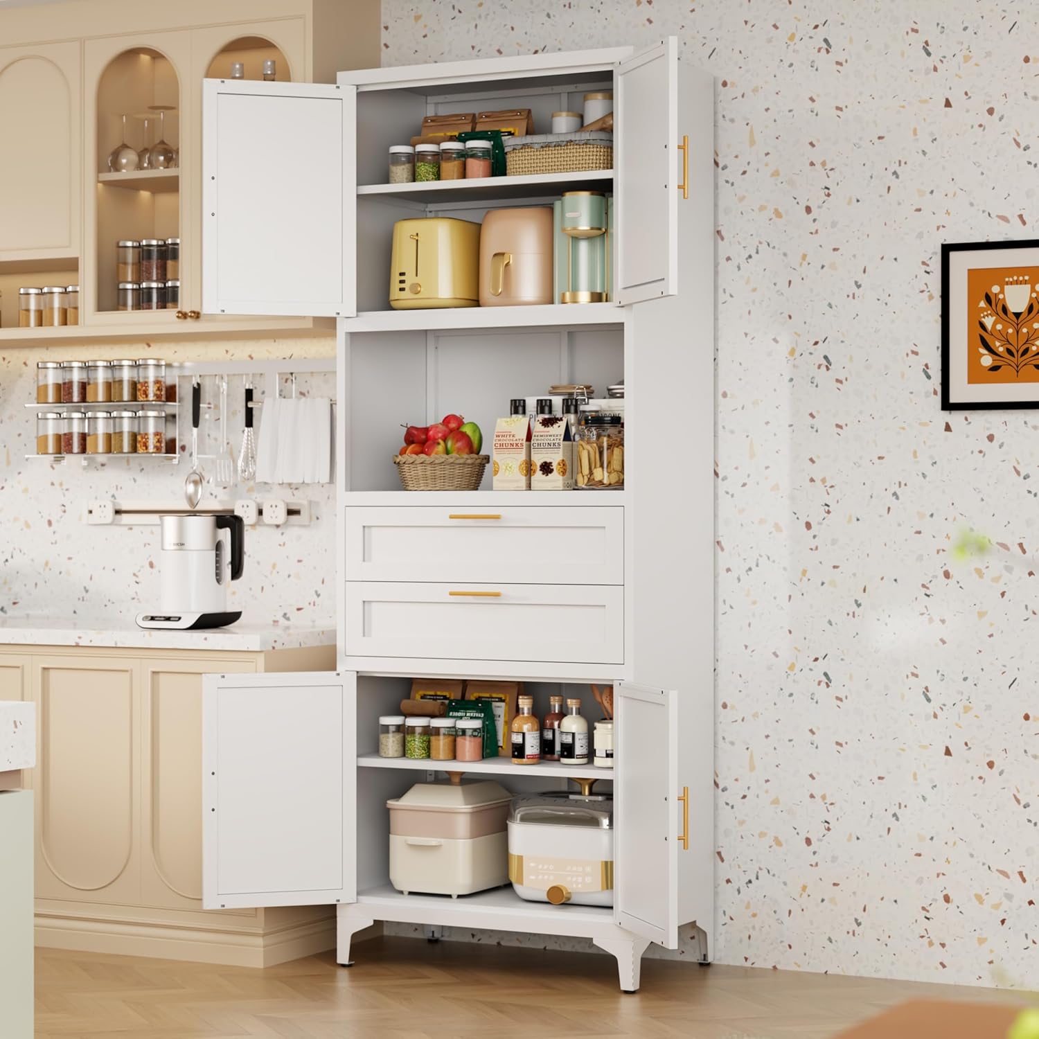 74.8" H Kitchen Pantry, Metal Storage Cabinet with Countertop and Drawers, Tall Kitchen Storage Cabinet, White Metal Cupboard for Dining Room, Bathroom (White)