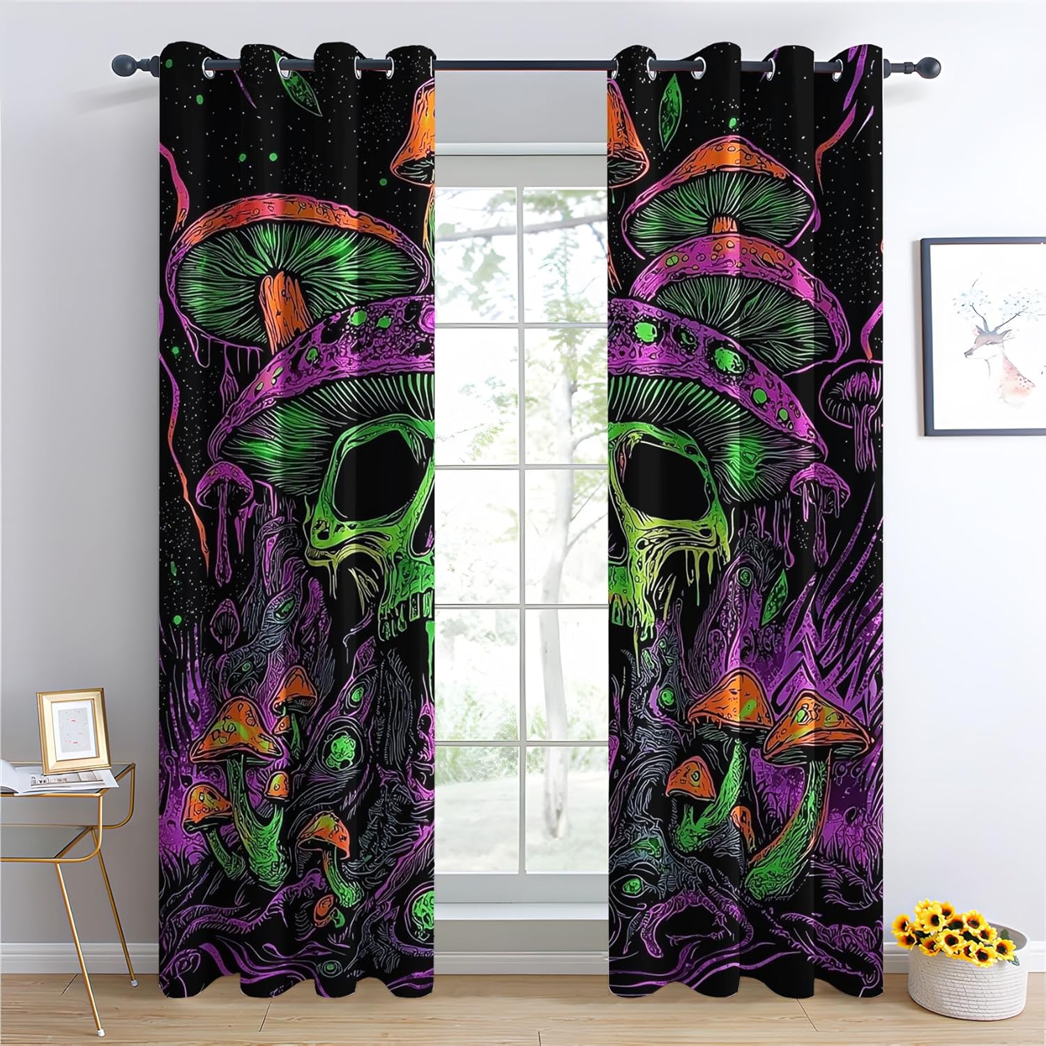 Mushroom Blackout Curtains for Bedroom Living Room, Thermal Insulated Room Darkening Grommet Drapes, Psychedelic Trippy Skull Window Treatments & Home Decor, 63 Inch Curtains 2 Panel Set