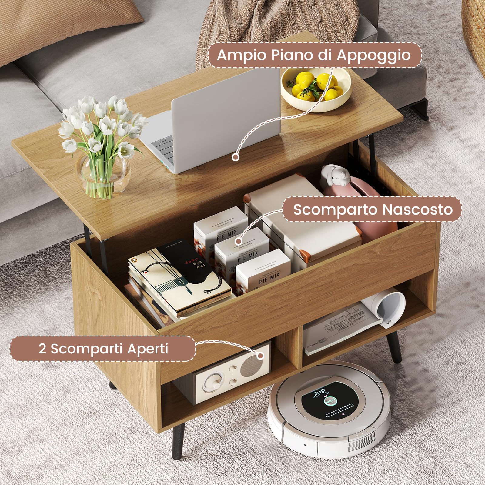 COSTWAY Tavolino da Salotto con Superficie Sollevabile, Tavolino da Caffè Moderno con Scompartimento Nascosto e 2 Ripiani, Ideale per Salone, Ufficio e Sala Riunioni (Naturale)
