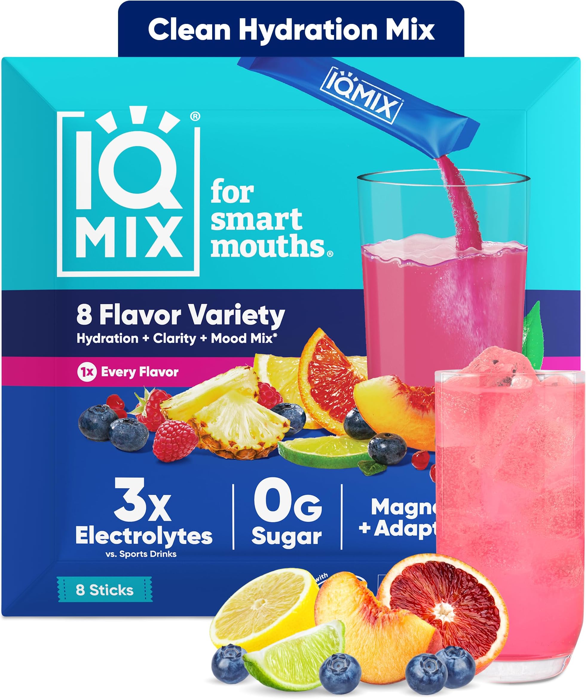 IQMIX Hydration Electrolytes Powder Packets, Sampler 8-Count | Sugar Free Drink Mix Sticks | Magnesium L Threonate, Potassium, Sodium, Lion's Mane, Keto, Clean Label Project Certified