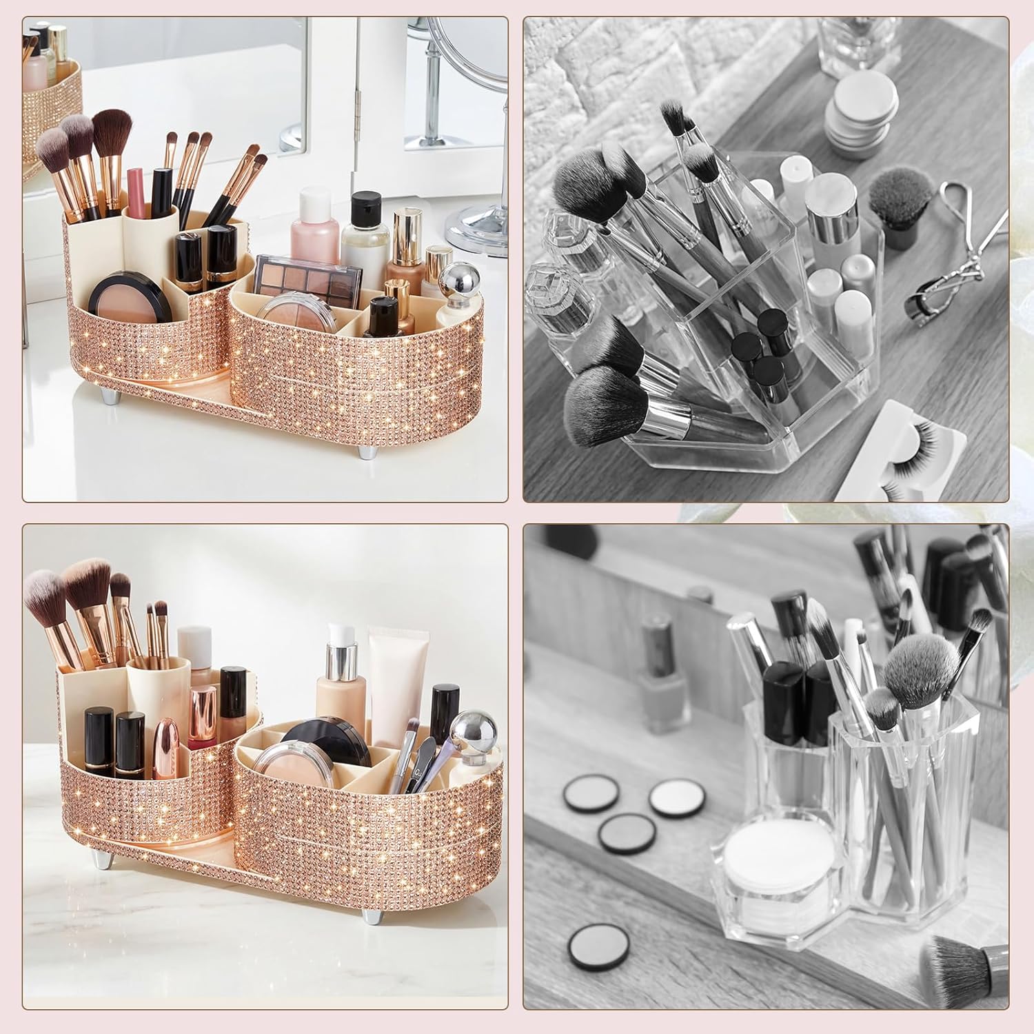 Teen Girls Mother's Day 360 Rotating Bling Makeup Organizer Gift Rhinestone Diamond Bathroom Organizer Girly Skin Care Brush Holder for Countertop, Bathroom Essentials(Champagne,Rhinestone)