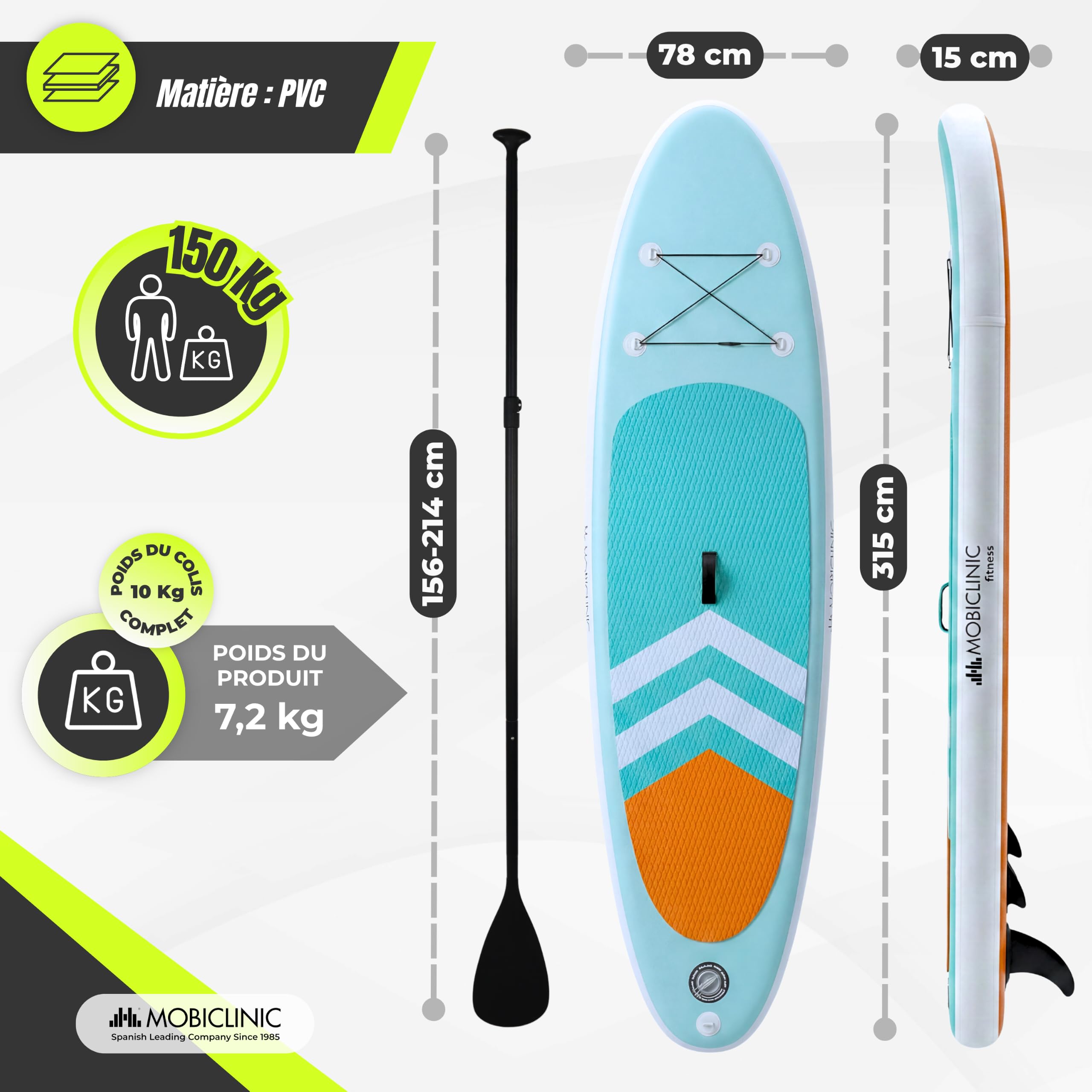 Mobiclinic®, Planche de Paddle Surf Gonflable, Pompe, Sac à Dos, Pagaie Réglable, Étui pour Téléphone, Kit Réparation, 315x78x15 cm, Pliable, Enfants, Adultes et Animaux