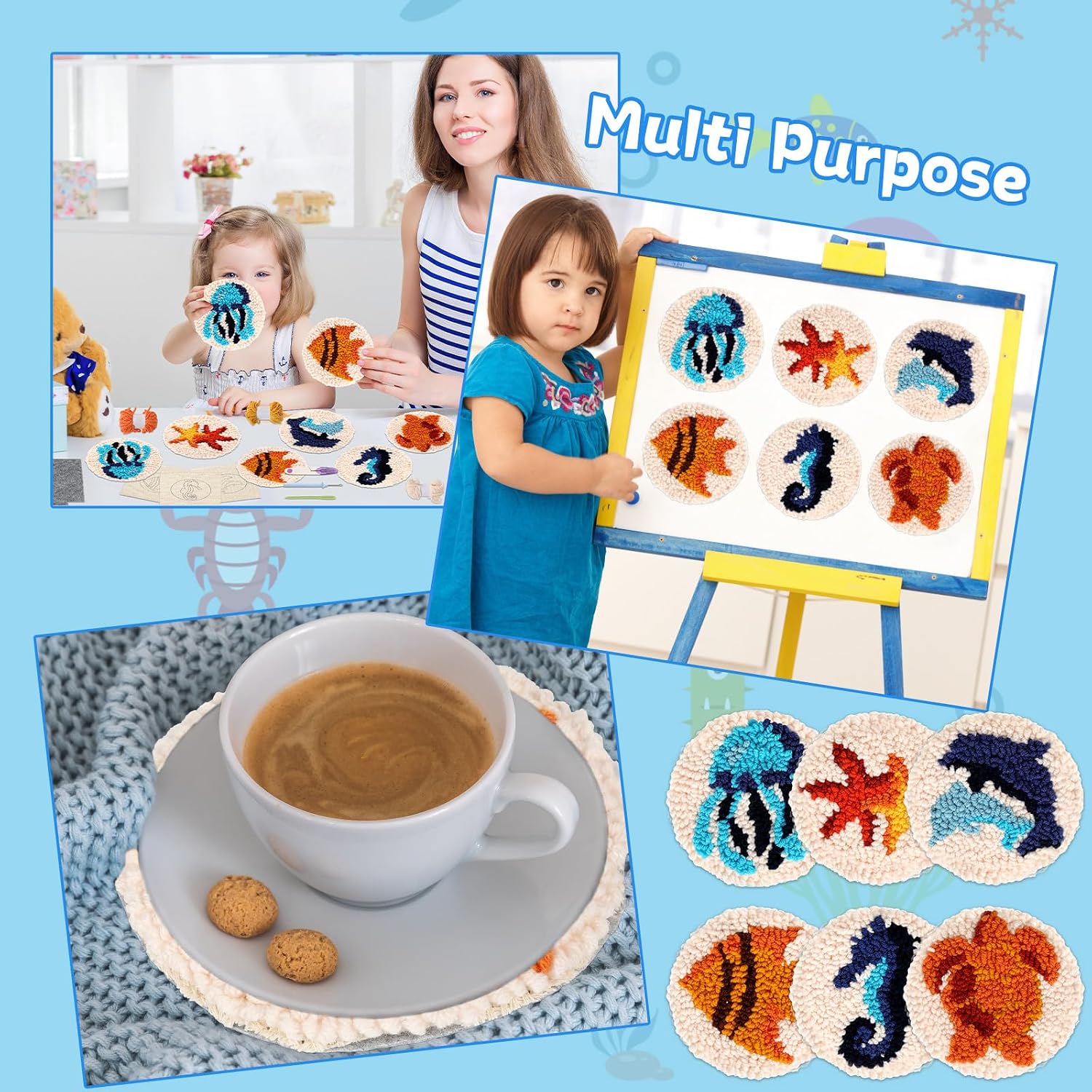 Ocean Punch Needle Coaster Kit for Beginners 6 Sea Animals Design Coasters Easy Punch Needle Embroidery Kit for Adults Kids DIY Tufted Pads with Adhesive Felt Yarns Tools Embroidery Hoop Instruction