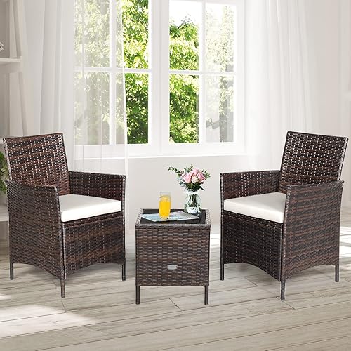 Miniatura 7 de Juego de muebles de patio de 3 piezas, muebles de mimbre para exteriores con cojín resistente al agua y mesa superior de vidrio templado, juego de