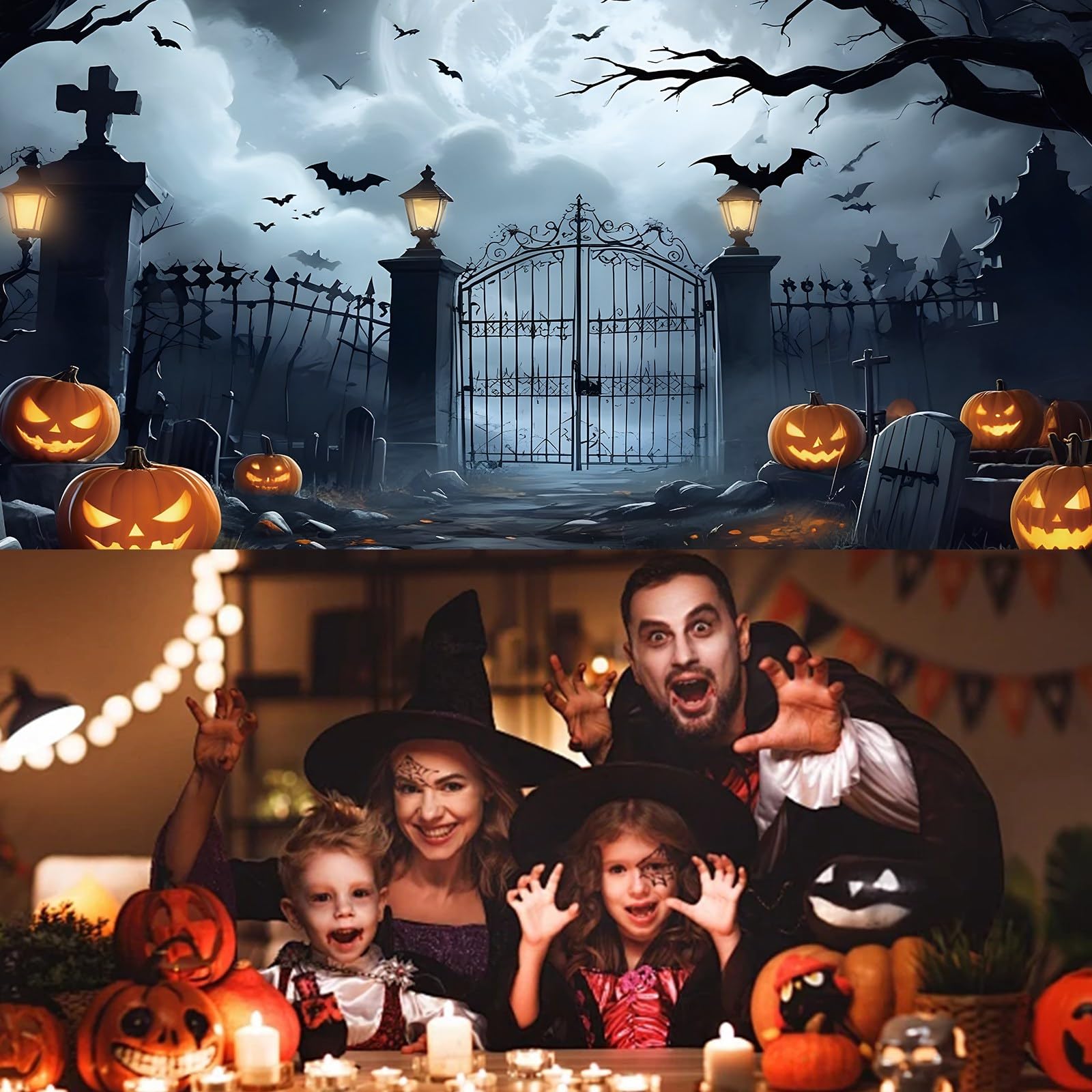 XhuangTech Baner na drzwi garażowe na Halloween, motyw horroru z 10 przelotkami, poliester 100D, straszna dynia, straszna wisząca dekoracja imprezowa (15 x 40 m Jack-O-latarnia z rzeźbionym)