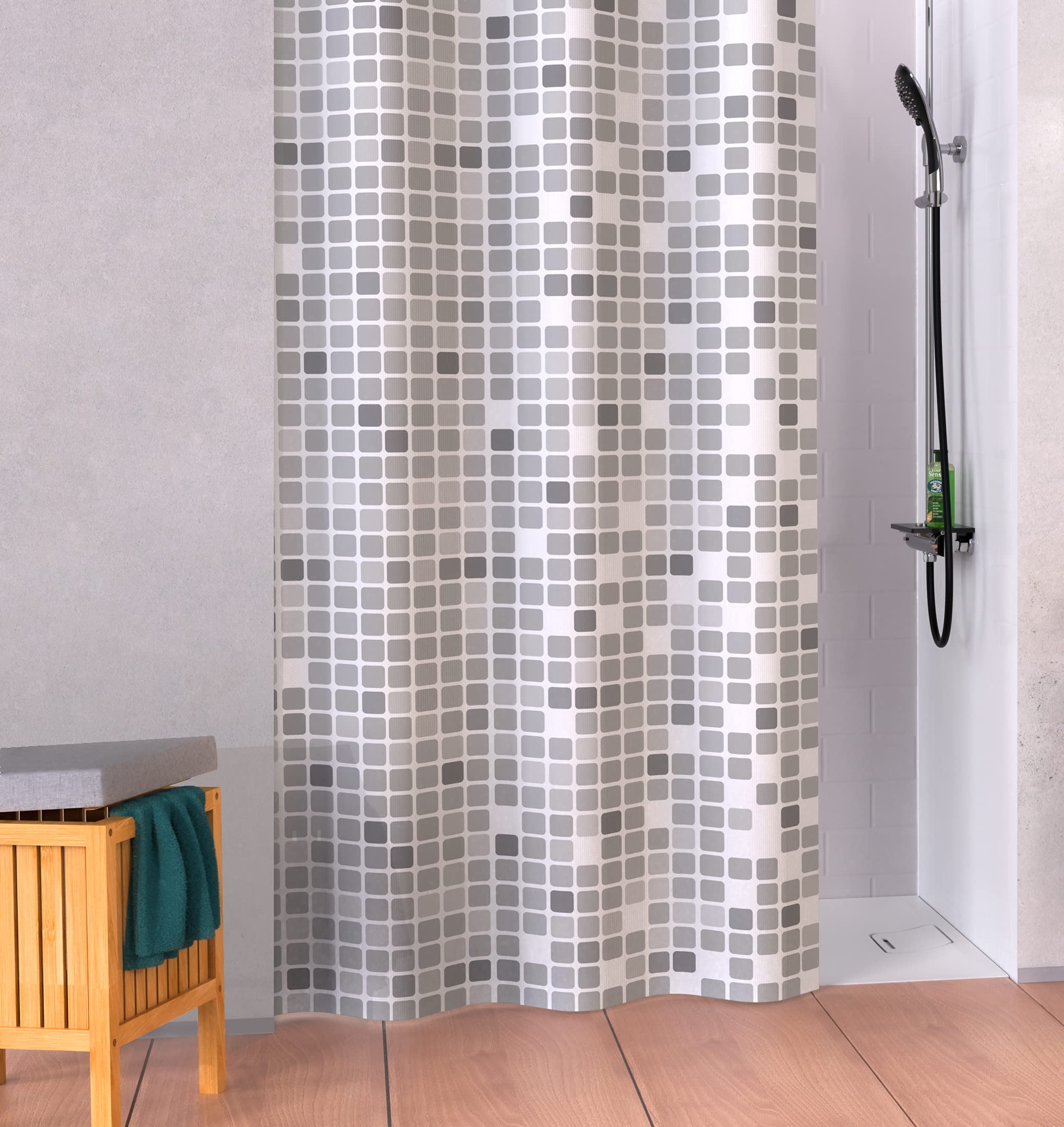 EISL Tekstylna zasłona prysznicowa z motywem (180 x 200 cm) do wanny, nadająca się do prania zasłona z wodoodporną powłoką, całkowicie nieprzejrzysta, mozaika szara
