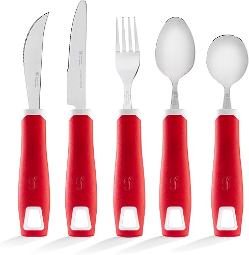 Miniatura 7 de Special Supplies Adaptive Utensils - Juego de 5 piezas sin peso, asas antideslizantes para temblores de manos, artritis, Parkinson o uso anciano,