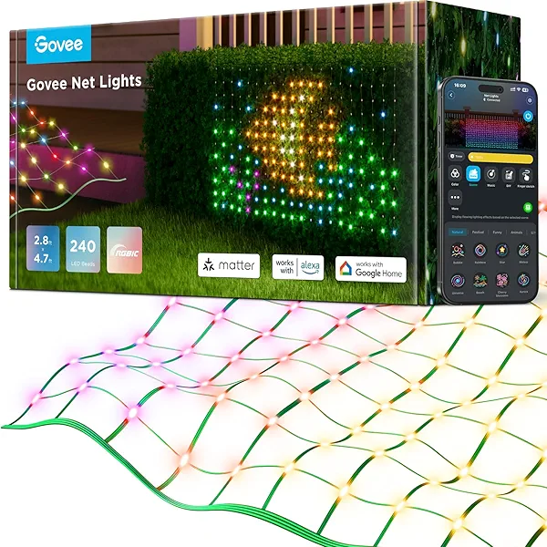 Govee Outdoor Net Lights, 2.8 × 4.7ft with RGBIC and DIY Functions, 240 LEDs Smart Net Lights with 64 Modes for Bush Patio Decor, IP65 Waterproof, Compatible with Alexa & Google Assistant, Green Wire