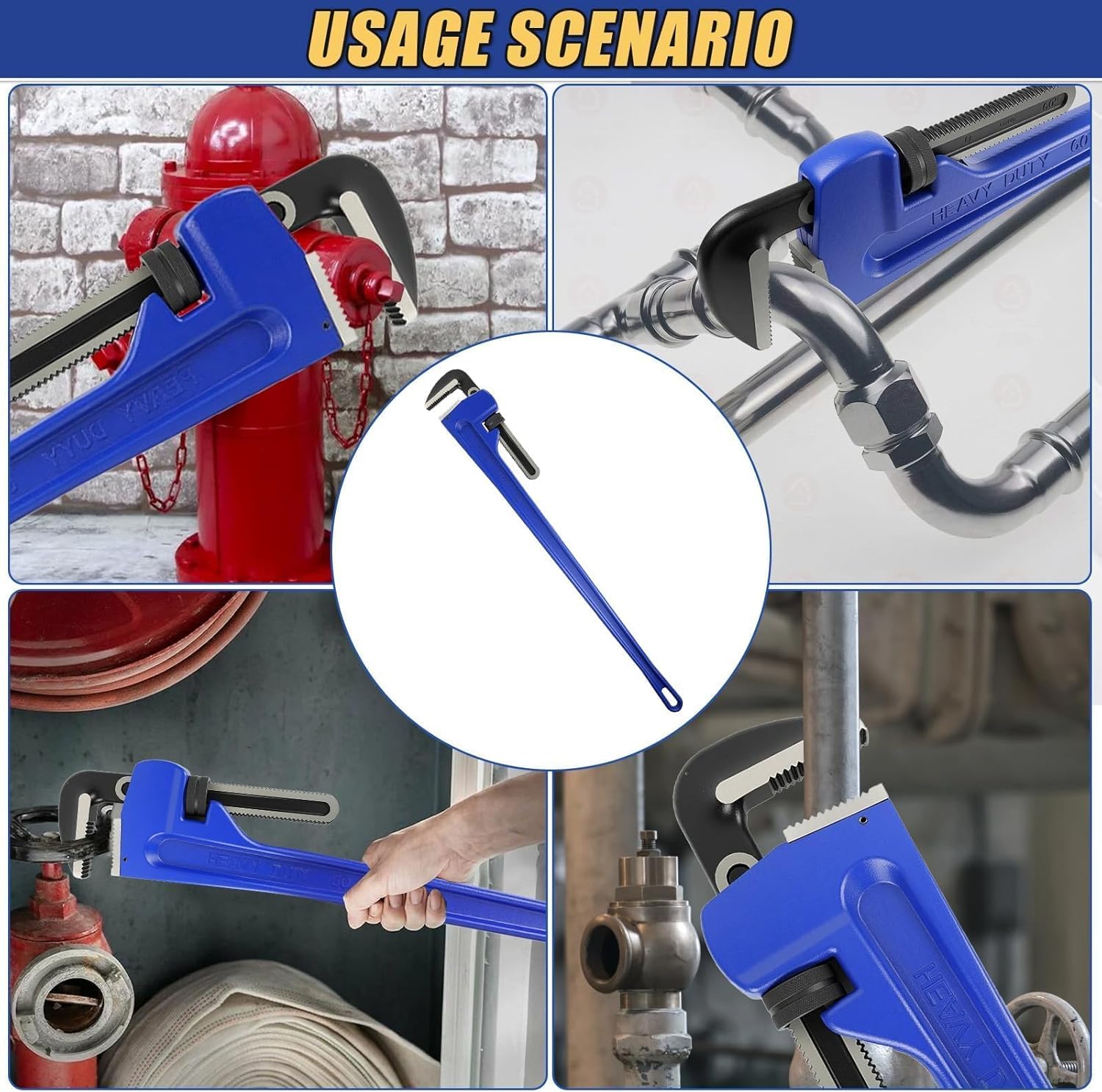 60 Inch Pipe Wrench, Max 9"/228mm Jaw Opening, with 8" Pipe Wrench & Gloves. Heavy Duty Carbon Steel Straight Handle, Adjustable Plumbing Tool for Mechanics, Plumbing, Construction Work