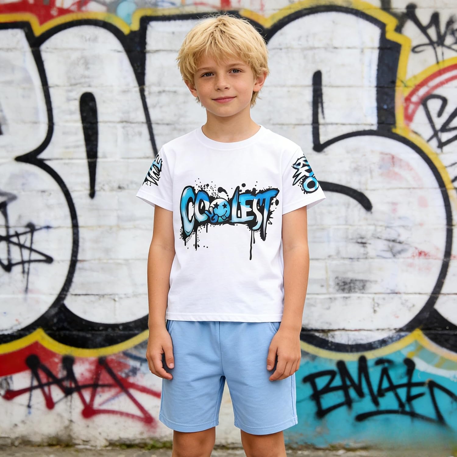 2-Piece Boys Clothes Letter Graphic Print Short Sleeve T-Shirt Kids 6-14 Years Teen Boys Summer Outfits - Image 2