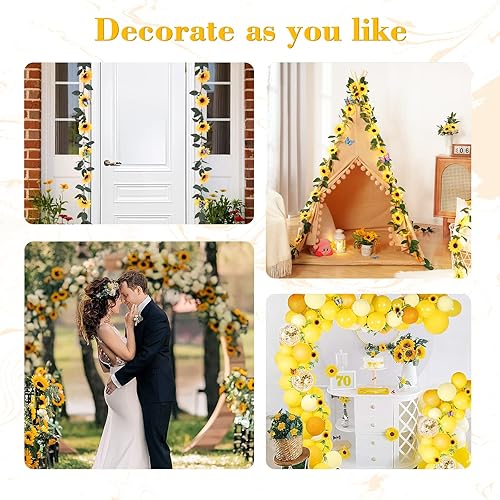 Miniatura 7 de BLEUM CADE Paquete de 2 guirnaldas artificiales de girasol, enredaderas de girasol, guirnalda de flores colgantes con hojas verdes, enredaderas