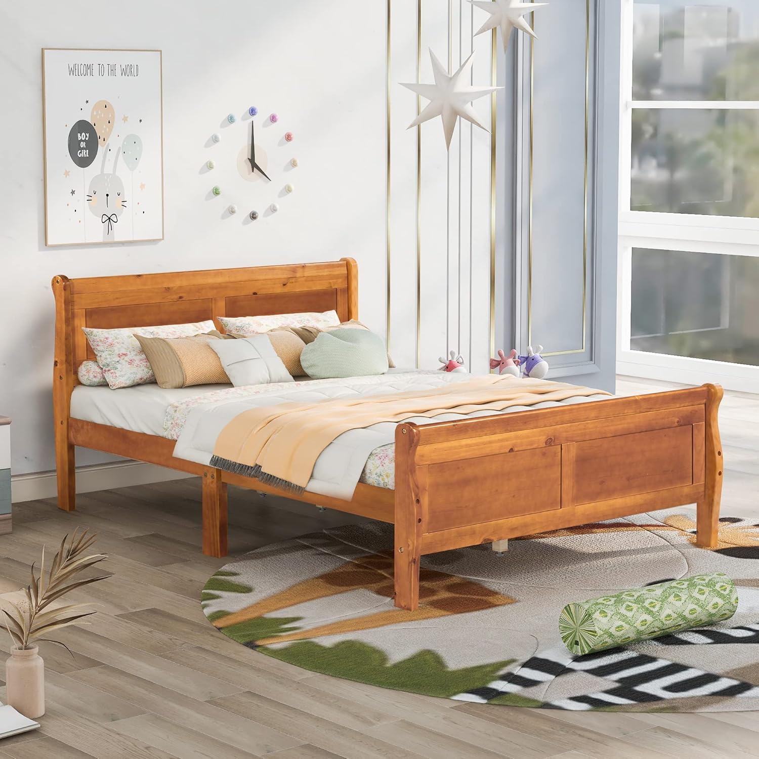 Assembled Polibi Full Size Wood Platform Bed in an oak finish, with a mattress and bedding in a bedroom setting.