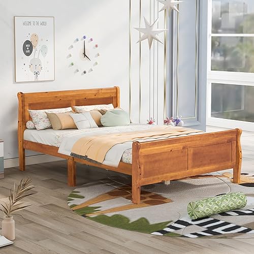 Miniatura 3 de Marco de cama de plataforma de madera de tamaño completo con cabecero, base de madera maciza, soporte de listones de madera, no necesita somier,