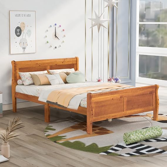 Full Size Sleigh Bed Frame, Wooden Double Platform Beds with Headboard and Footboard, Classic Bedframe with Wood Slat Support, Under Bed Storage Space, No Box Spring Needed (Oak, Full)
