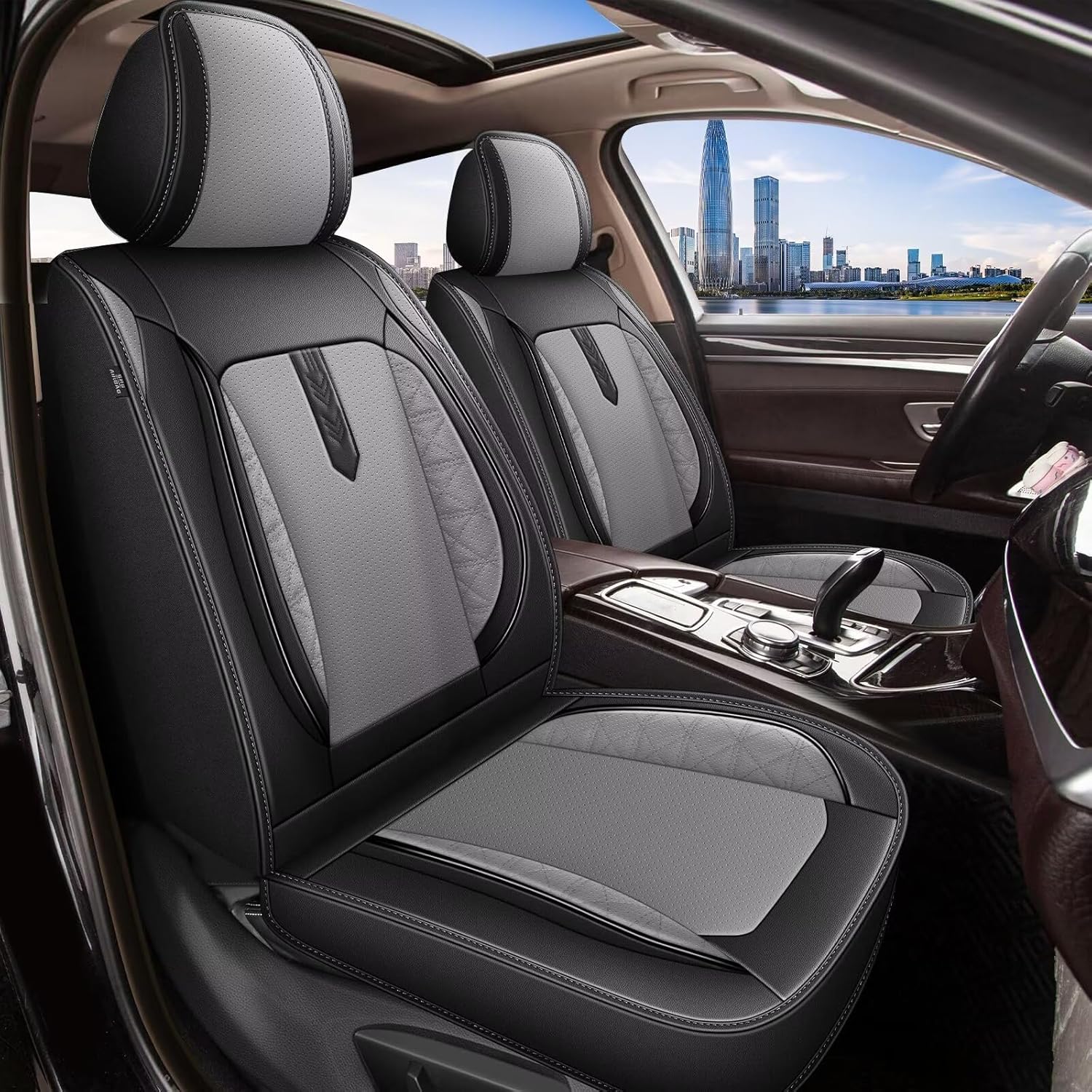 AOMSAZTO Car Seat Covers 2PCS Front Fit for Honda Ridgeline 2006-2014 & 2024-2025 Leather Car Seat Cover Automotive Seat Cushion Seat Protector Waterproof Compatible Airbag(2 Front Seats,Black&Gray)