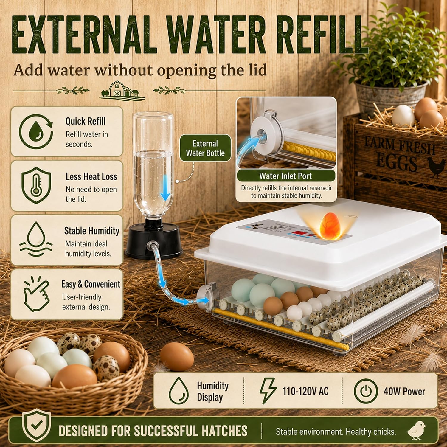 Egg Incubator for Chicken for 36, 5 Incubation Modes, Temperature Control, Auto Egg Turning, Dual Power Supply, Poultry Hatching Incubator with Easy Water Refill & Egg Candler White