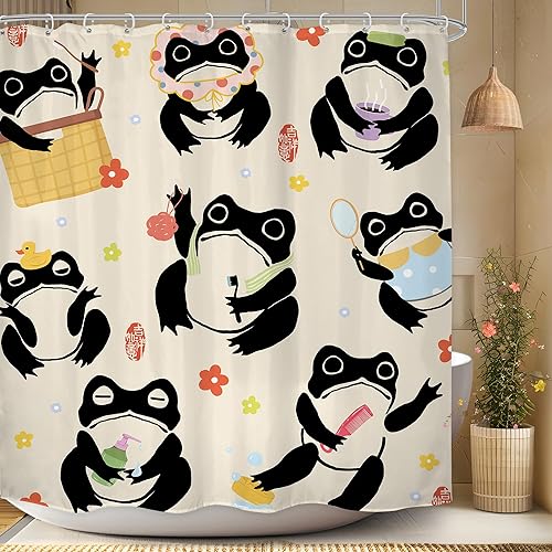 Miniatura 24 de LGhtyro Cortina de Ducha Divertida de Rana Juego de Baño 60Wx71H Pulgadas Retro Lindo Animal Asiático Estilo Tradicional Japonés Fideos Sombrero de