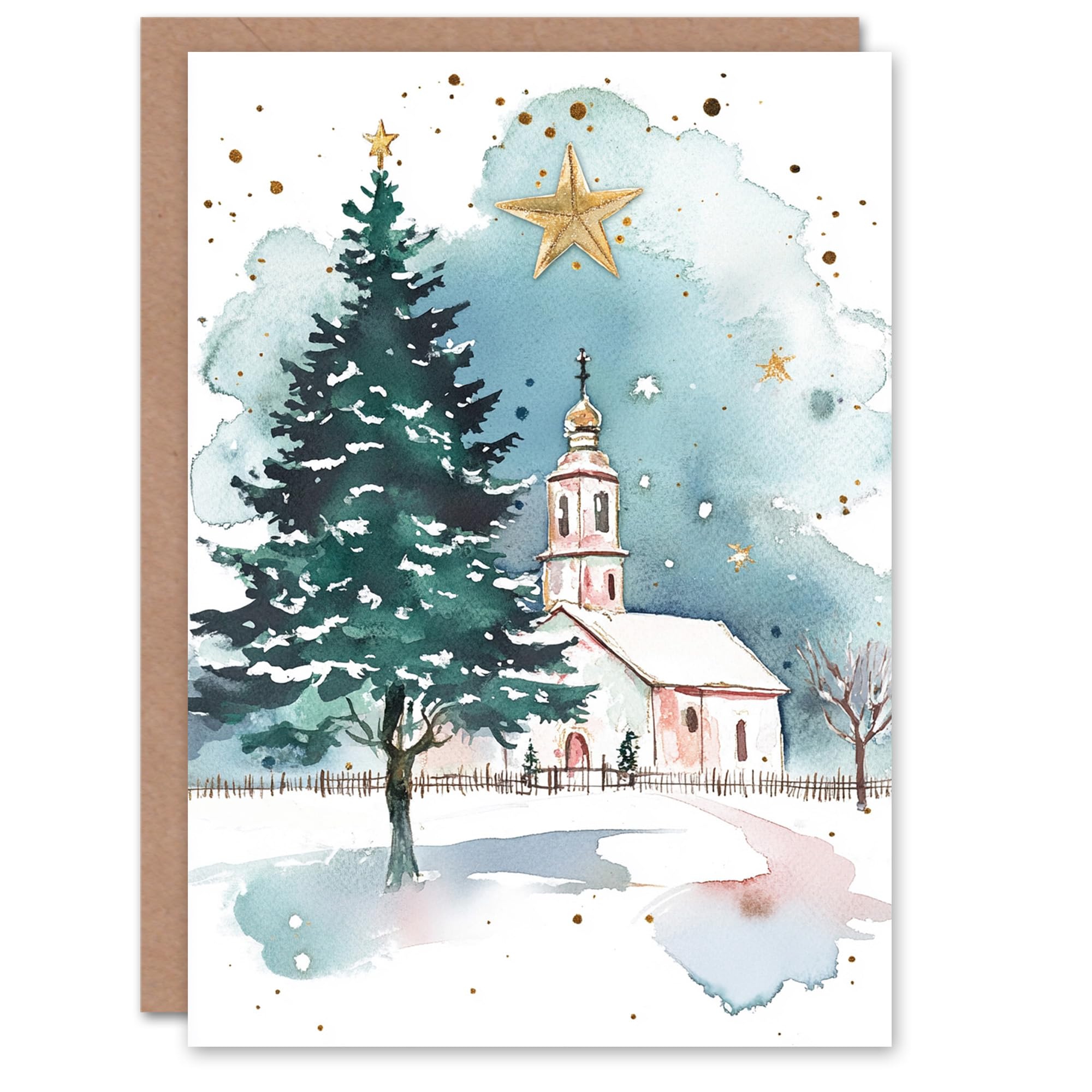 Wee Blue Coo Russian Village Church Tree Festive Fun Xmas Art Blank Christmas Card